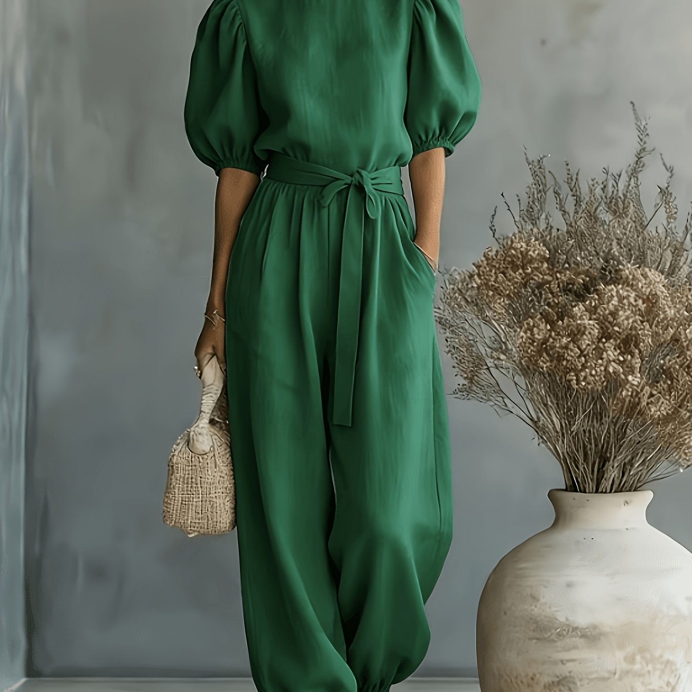 TEMU 2026 Spring/summer Women's Bohemian Style Bubble Short Sleeve Cuff Wide-leg Commuter Jumpsuit For Beach, Workplace, And Weekend Multi-scene