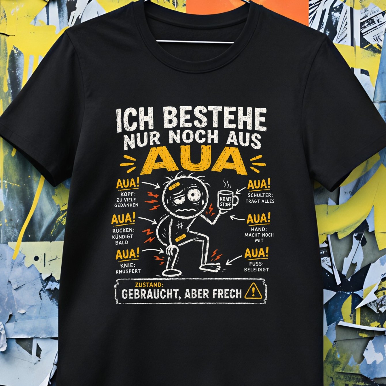 Image of Unisex T-shirt Ich Bestehe Nur Noch Aus Aua Graphic T-shirt Funny German Aging Pain Cartoon Orange Yellow Accent Distressed Humor Style, Plus Size