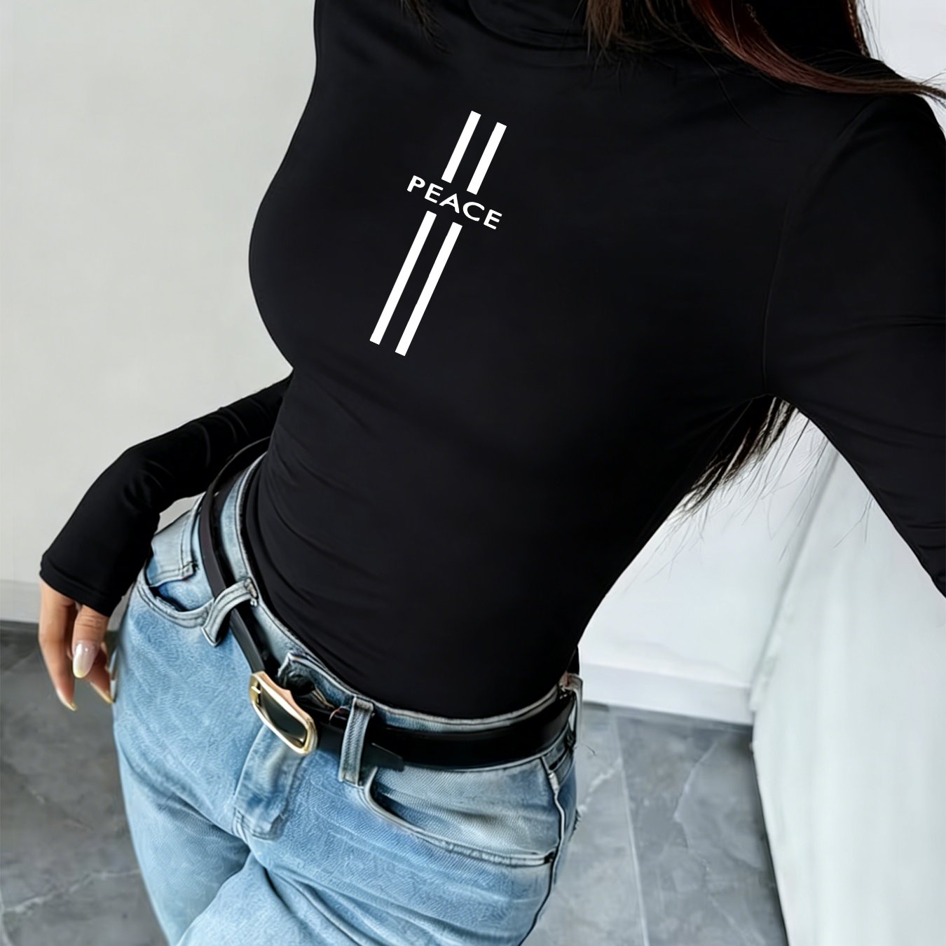 TEMU Women's Long Sleeve High Neck Slim Fit Printed T-shirt, Base Layer Top 2025 New High Neck Warm Long Sleeve Shirt - Stretch Casual High Neck
