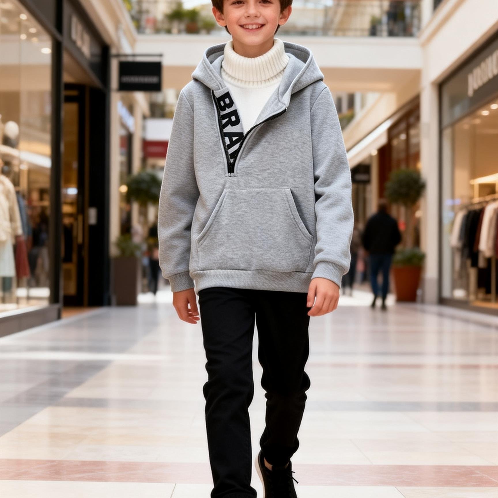 Image of Boys' Easy Print Half-button Hoodie Fleece-lined Warm Sweatshirt Autumn Trendy Casual Loose Hoodie