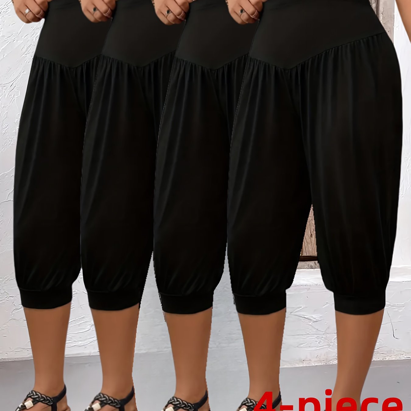 Image of Plus Size, 4pcs Plus Size Solid Color Loose-fit Capri Joggers, Summer Casual High-waisted Capri Pants, Plus Size Women's Clothing
