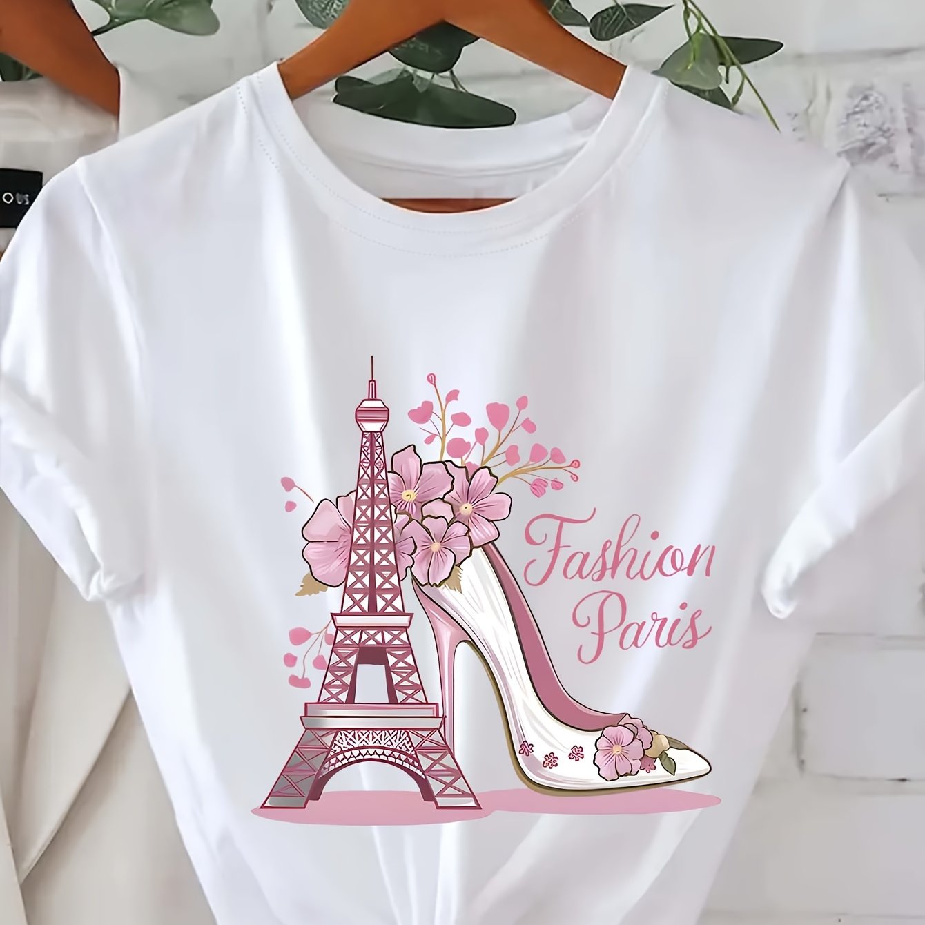 TEMU Chic & High Heels Graphic Tee For Women- Soft Polyester , Short Sleeve Crew Neck, Relaxed Fit, Casual Summer& Spring Top With Floral Accents, Travel& Outdoor Activities