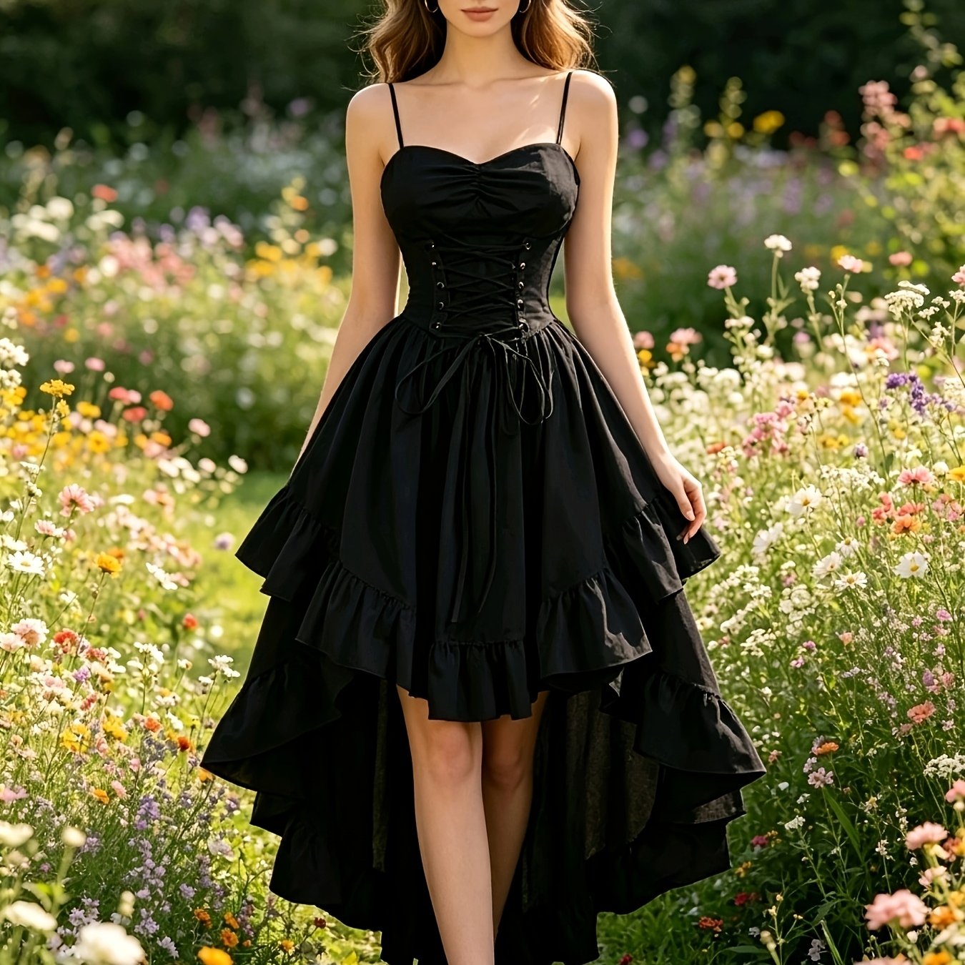 Image of Woman' Color Sweetheart Neckline Cross-back Tie Ruffle Asymmetrical Vintage Hem Dress