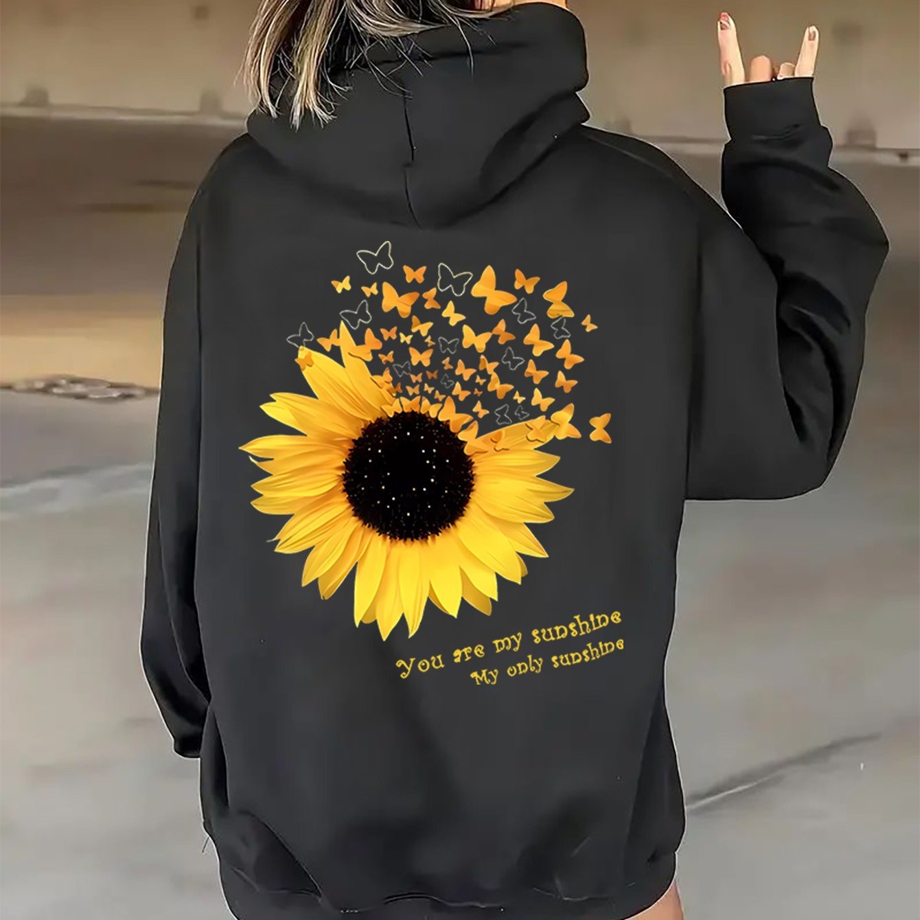 TEMU Women's Floral Sunflower Print Hooded Sweatshirt, Style, Polyester 100%, Fall/winter Knit Hoodie With Pocket Detail, 250gsm