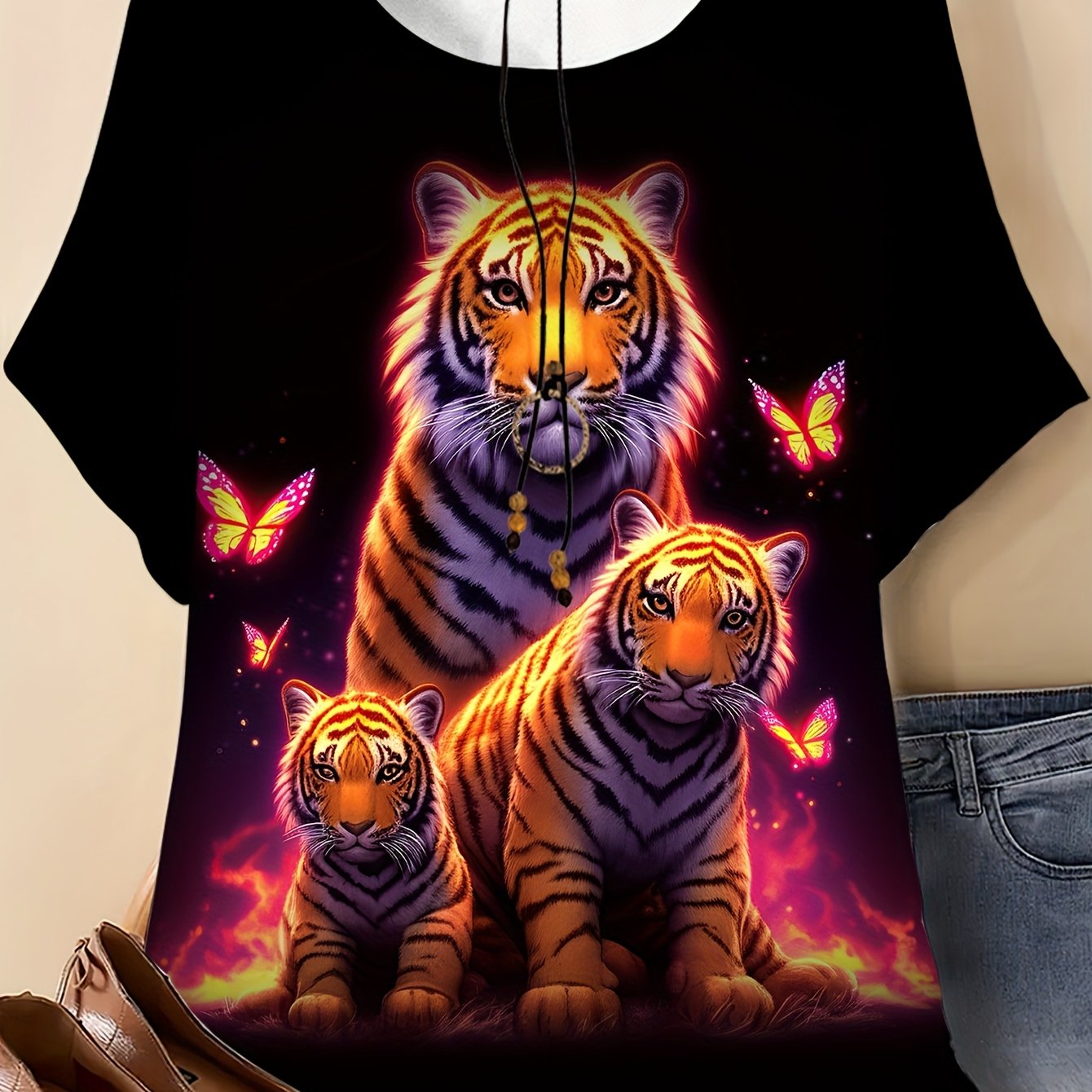 TEMU Plus Size - Plus Size - 3 Different Sized Tiger And T-shirts, Plus Size Women's T-shirt Pattern Print, Round Neck Short-sleeved Summer Top,