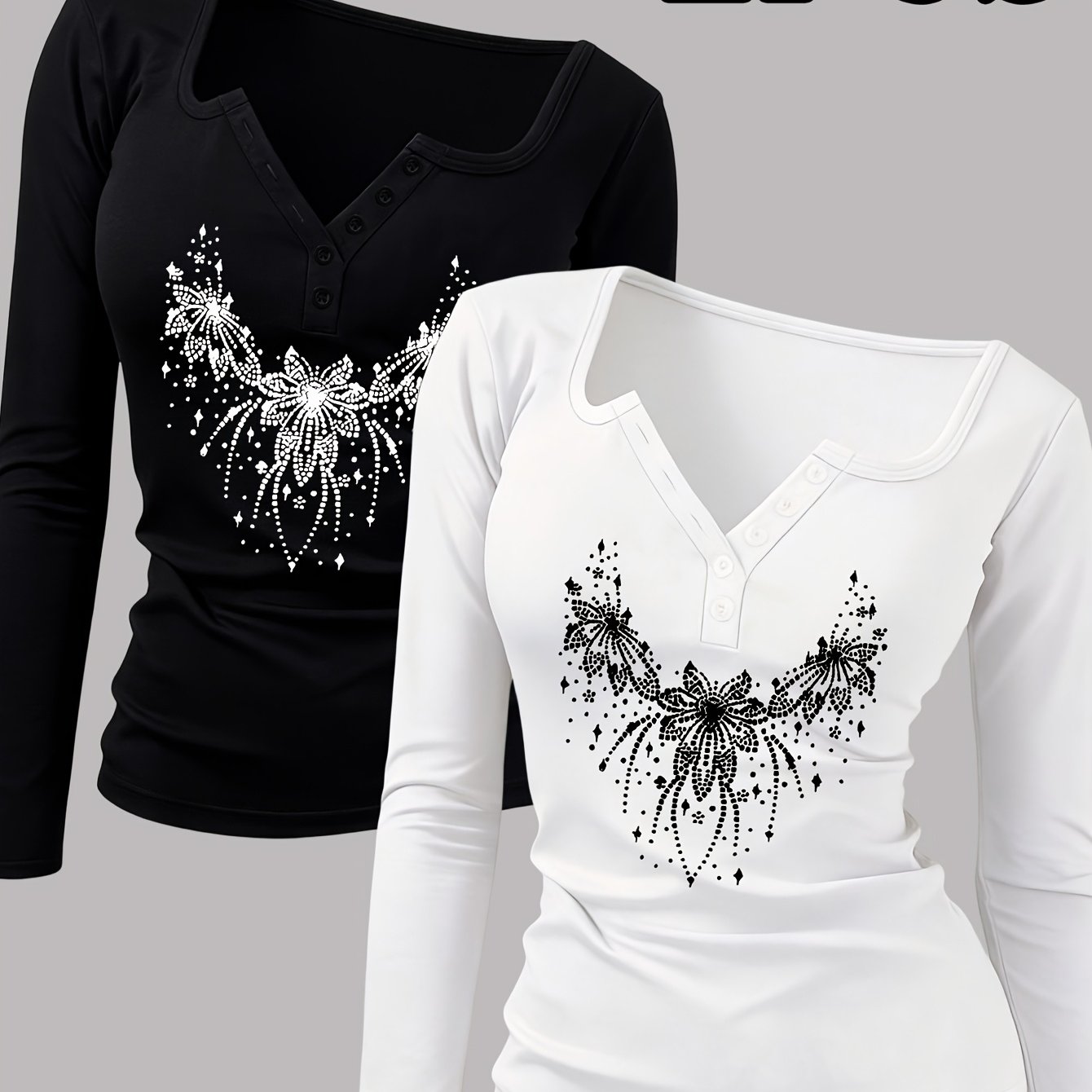 TEMU 2pcs Set Artistic Printed Pattern Women's Clothing Button-style Hot Sexy Round Neck Design Women's Long Sleeve T-shirt, Suitable For Spring