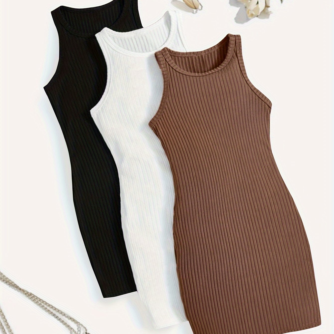 Image of Luo Hong Women's Fashionable Ribbed Bodycon Dress 3pcs Set