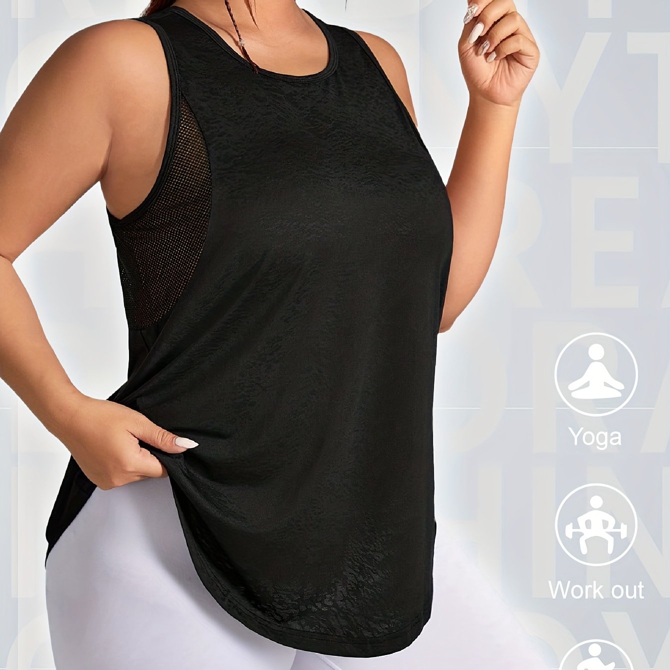 TEMU Plus-size Women's Breathable Mesh Panel Tank Top - High-elastic Yoga Running Shirt With Round Neck, Solid Color Athletic Blouse For Gym, Outdoor