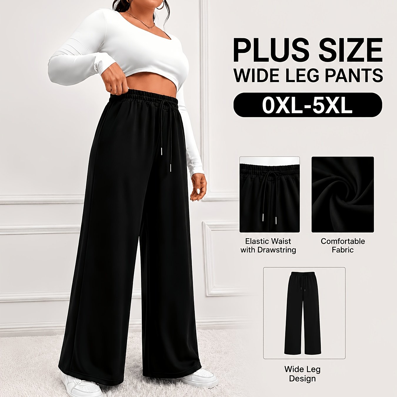 TEMU Talla Grande - Talla Grande - Pantalones Largos Casuales Holgados Rectos con Cordón Elástico en la Cintura de Color Sólido