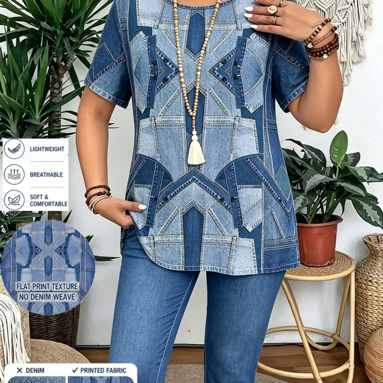 TEMU Plus Size, This Large-sized Suit Features A Denim Pattern Print And Is With A 2pcs 5-inch Pant Set For An Elegant And Fashionable Design.