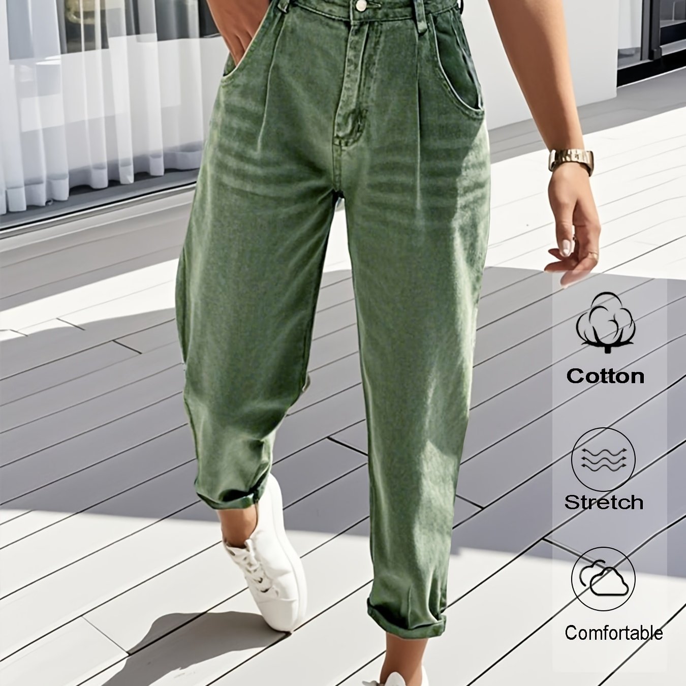 Image of Women's Stretch Fashion 2026 New , Waist Design Washed Army Green Casual Pants, Suitable For Shopping, Dating, Travel, Work, , Solid Color Tapered Pants That Worn .