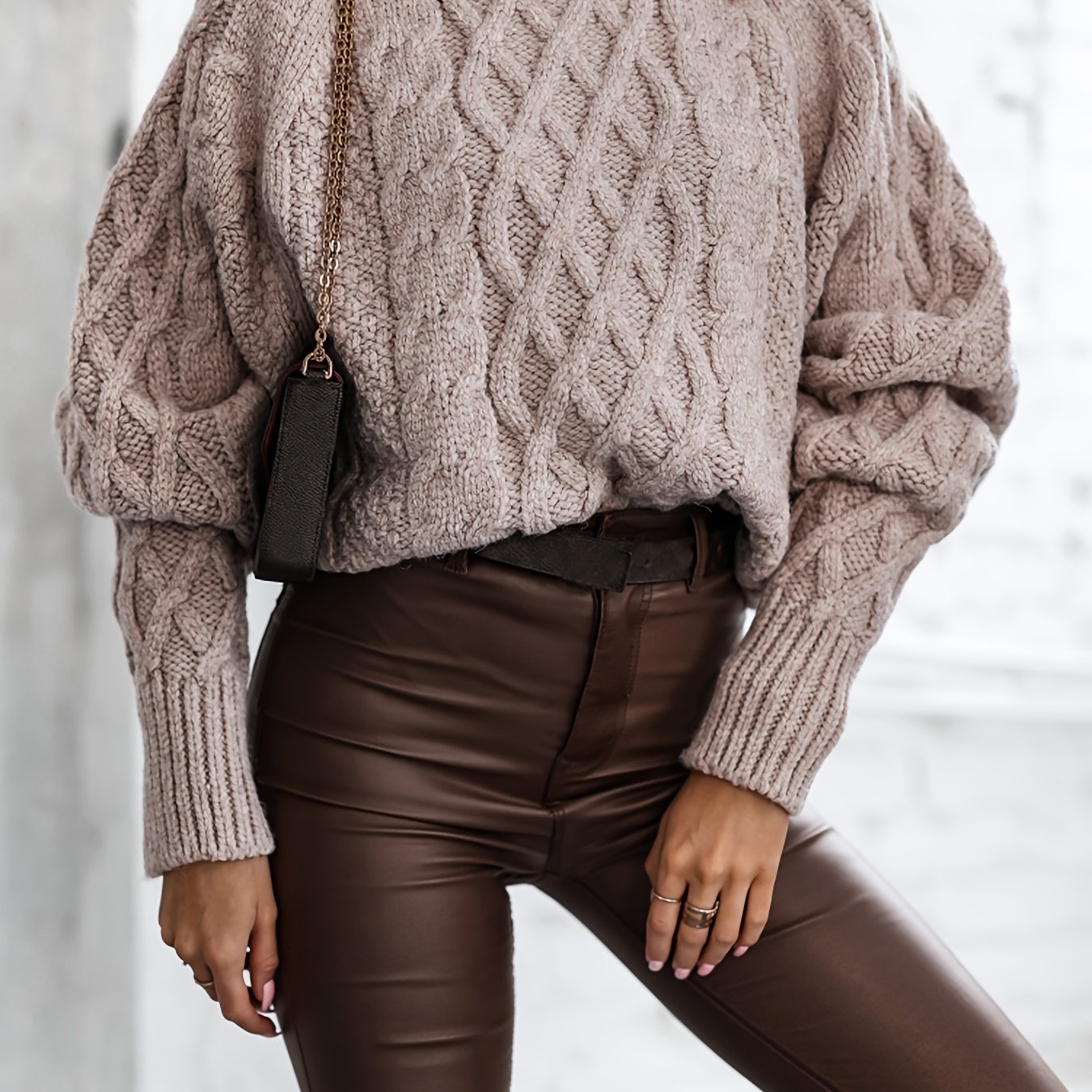 (zd0509046) Women's Elegant Fashion Round Neck Sweater, Solid Color Cable Puff Sleeve Long Sleeve Ribbed Pullover Top