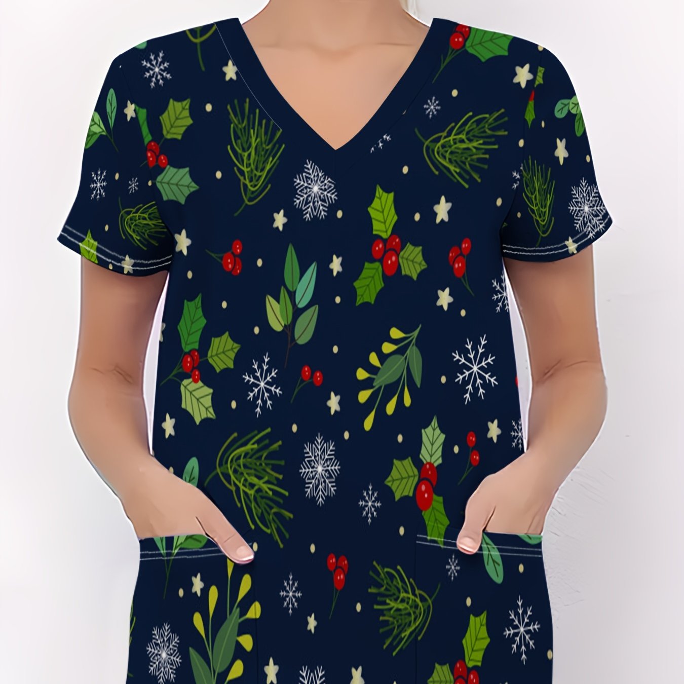 TEMU Christmas Women's Nurse Uniform, Dark With Seamless Christmas Element Pattern Featuring Holly, Berries, Snowflakes, And Pine Branches. Printed