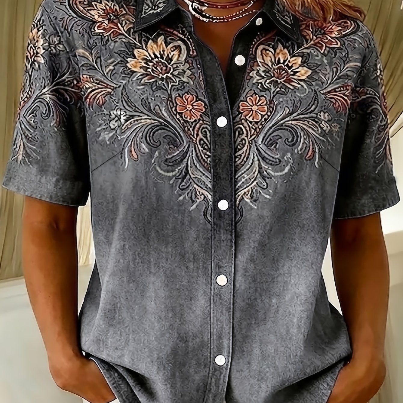 TEMU Plus Size, Women's Plus Size Vintage Button-up Short Sleeve Blouse Shirt - Collar Open Front Button Front Panel, Non-stretch Suitable For Casual