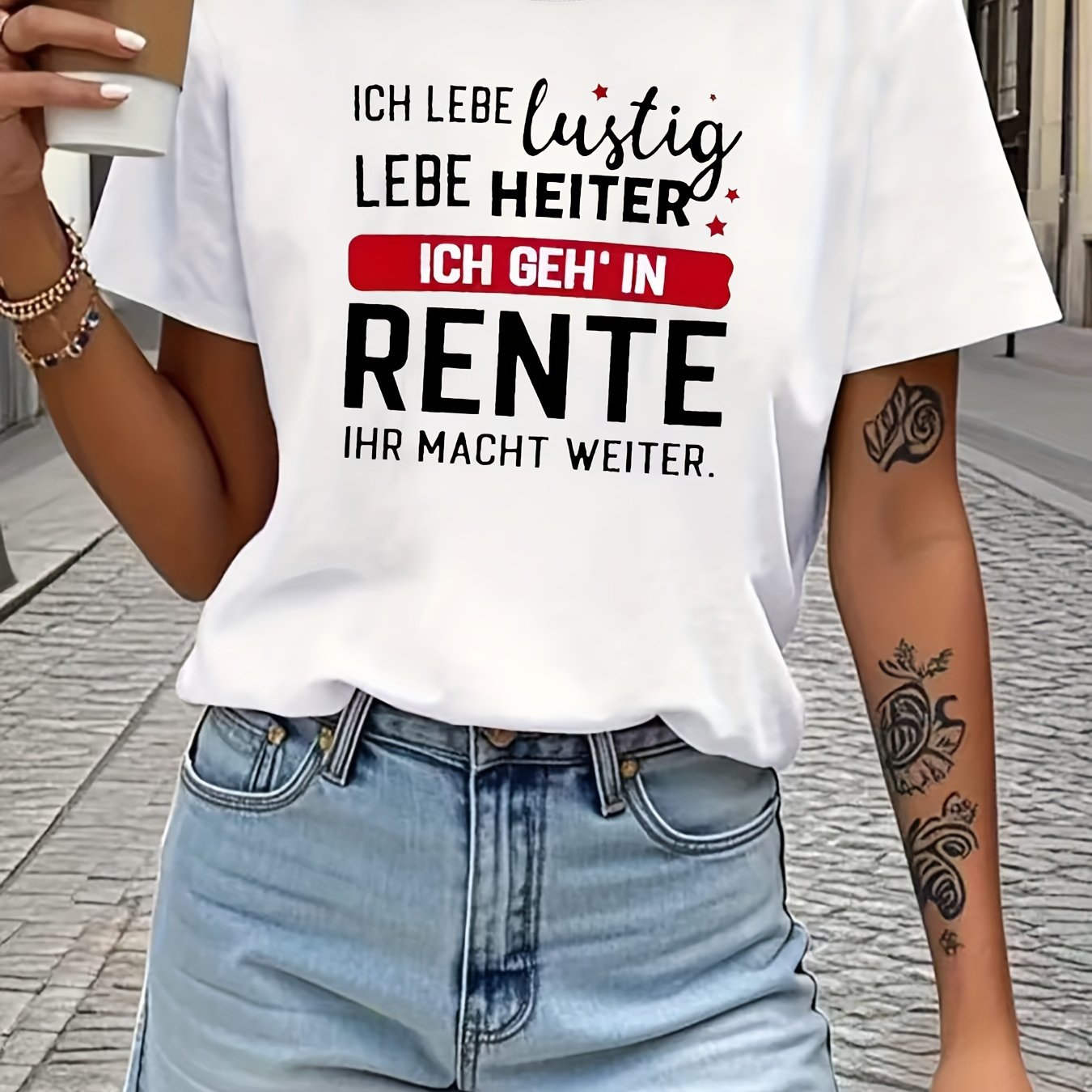 E-shop Damen T-Shirt mit Deutscher Textdruck - Deutsche "Ich Liebe Lustig Ist Geh' In Rente" (Lustiger Ruhestandsspruch) - Weißes
