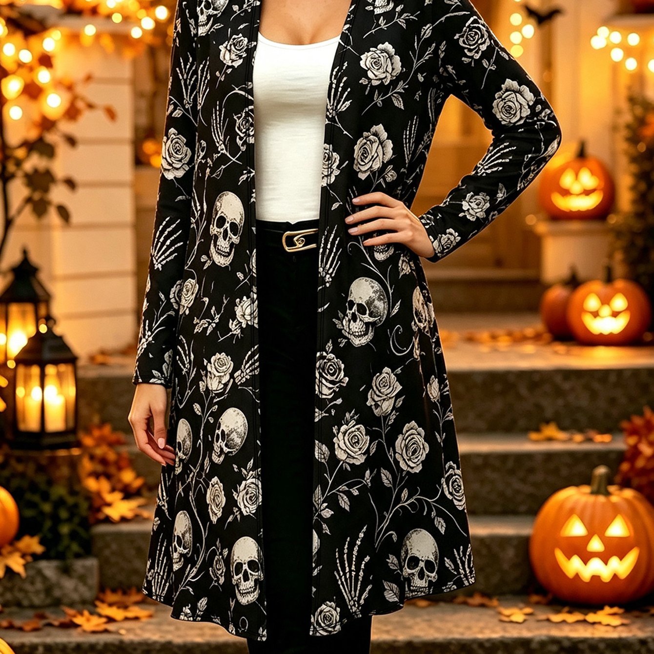 Image of Plus Size Women Long Sleeve Mid Length Cardigan, White Rose Skeleton Skull Print V Neck Open Front Outerwear, Dark Gothic Retro Style For Halloween Shopping Outfits, -friendly Fabric