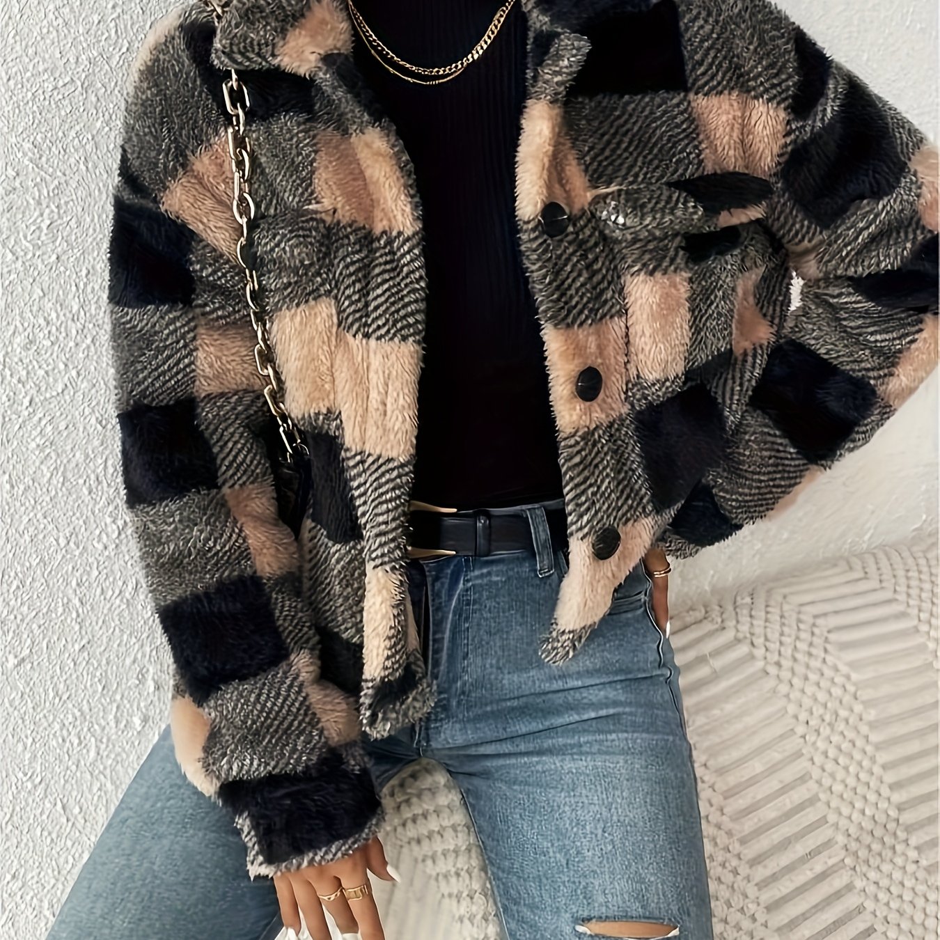 TEMU Cardigan reversibile in peluche con stampa a quadri, stile tuta con tasche e bottoni, cappotto casual da donna in peluche per /inverno