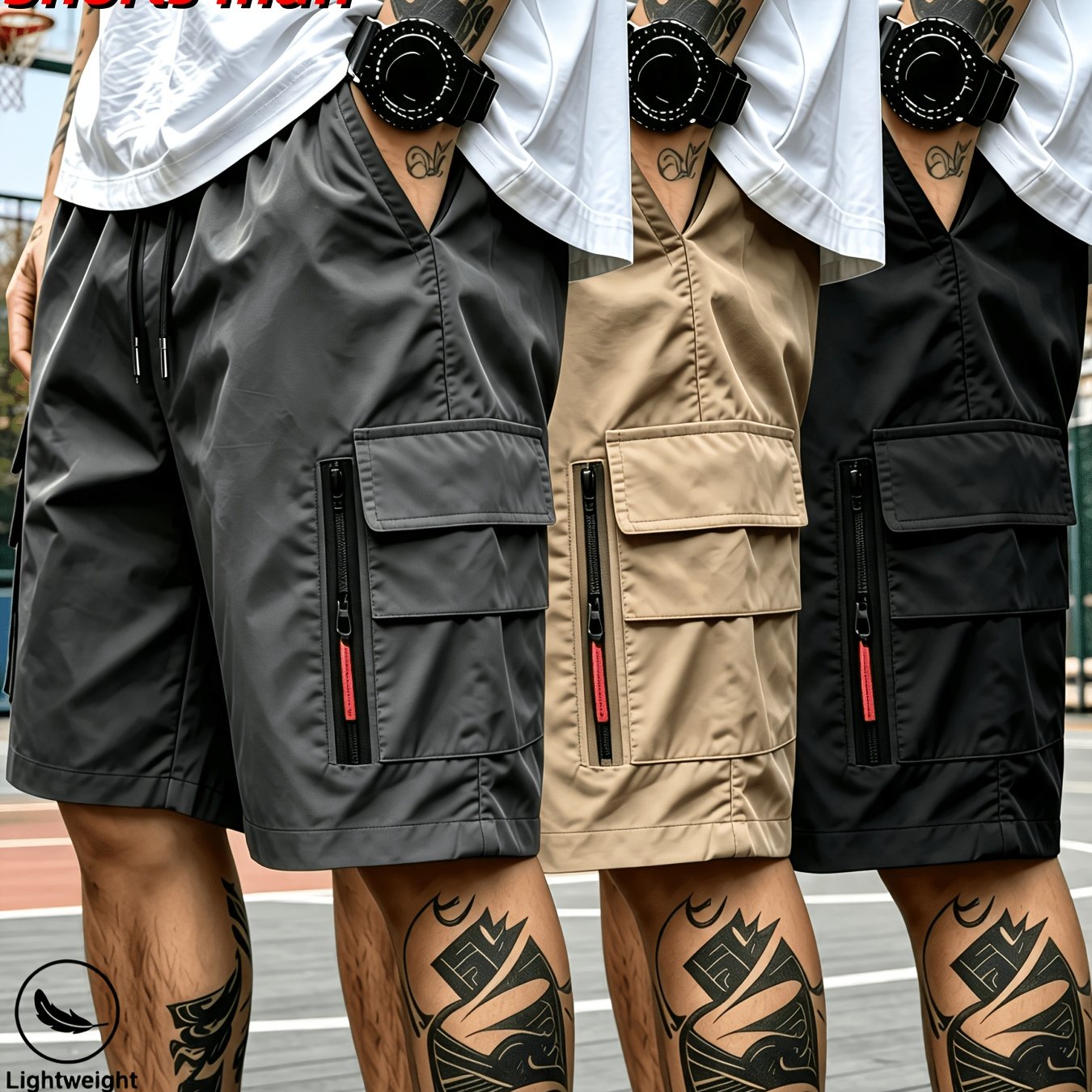 TEMU Men's Quick-dry Multi-pocket Cargo Shorts With Elastic Drawstring Waist And Zipper Pockets, Casual Outdoor Basketball Streetwear Workout