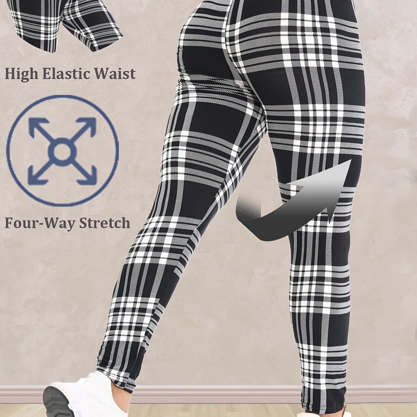 Plus Size - Plus Size - Plus Size Women Black White Grid Leggings Stretch Large Size Pants High Elastic Waist Tight Trousers