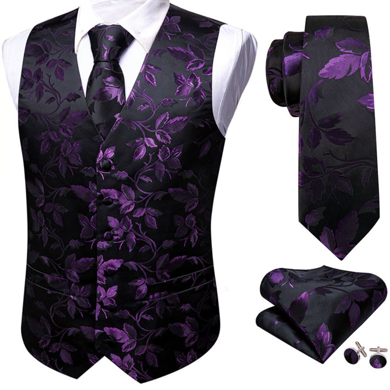 Image of Mens Dark Purple Floral Suit Vest Tie Jacquard Formal Waistcoat Hanky Wedding Party 4pcs, Plus Size