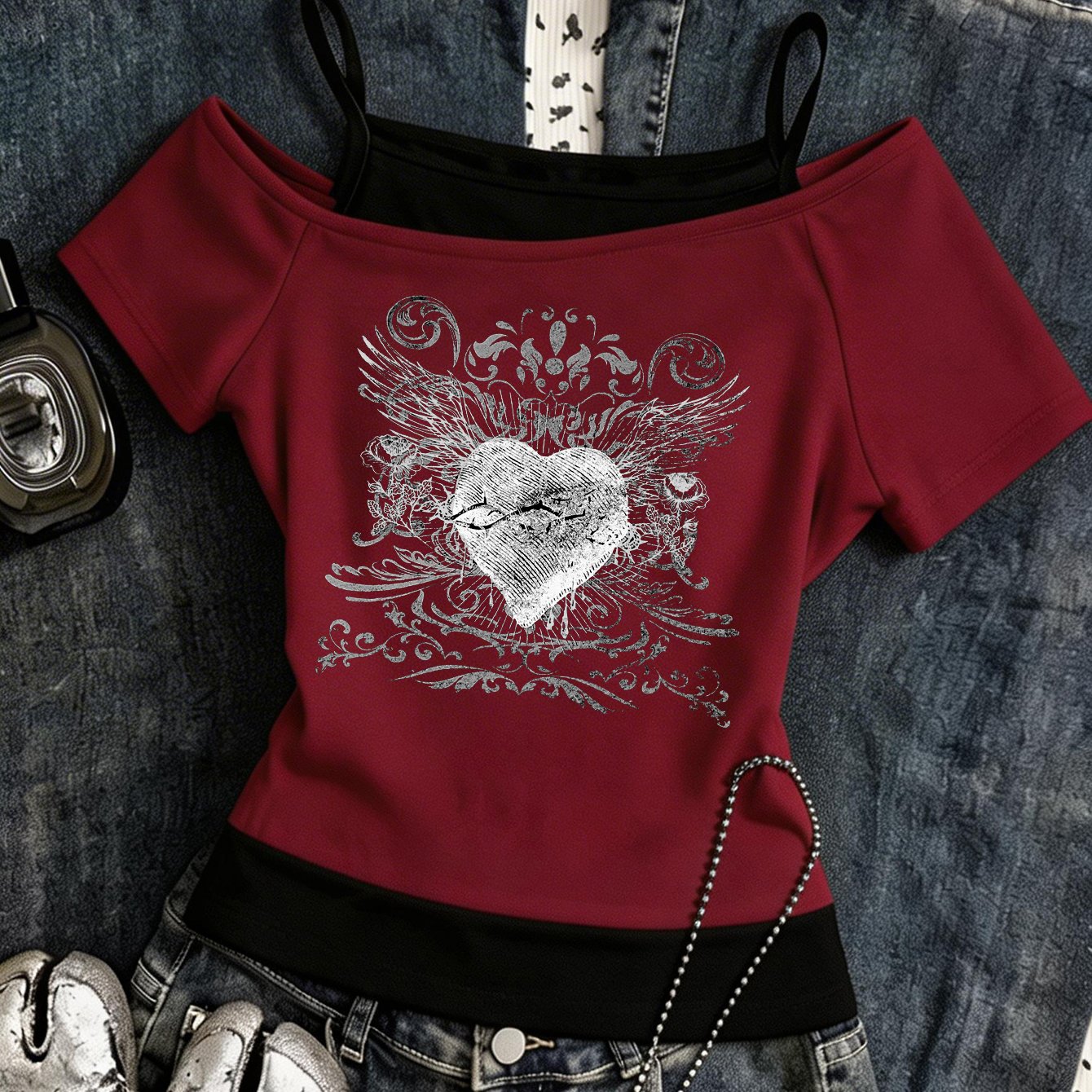 TEMU Y2k Retro Style Asymmetrical Off-shoulder Short-sleeve Top With Contrasting Color Camisole Underneath, Street Style, Trendy Summer Essential,