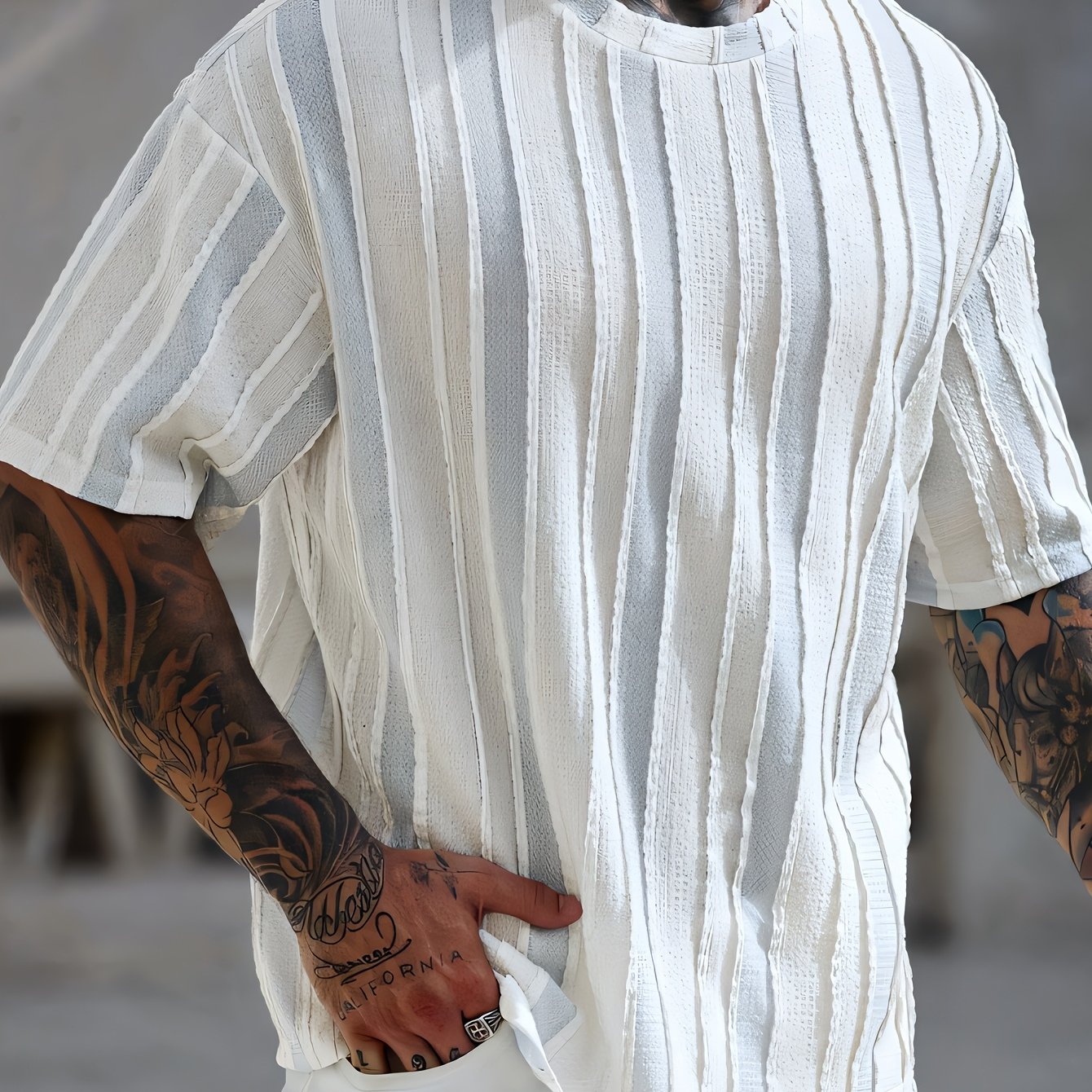 Image of Western Fashion Men's Textured Striped Casual Short Sleeve