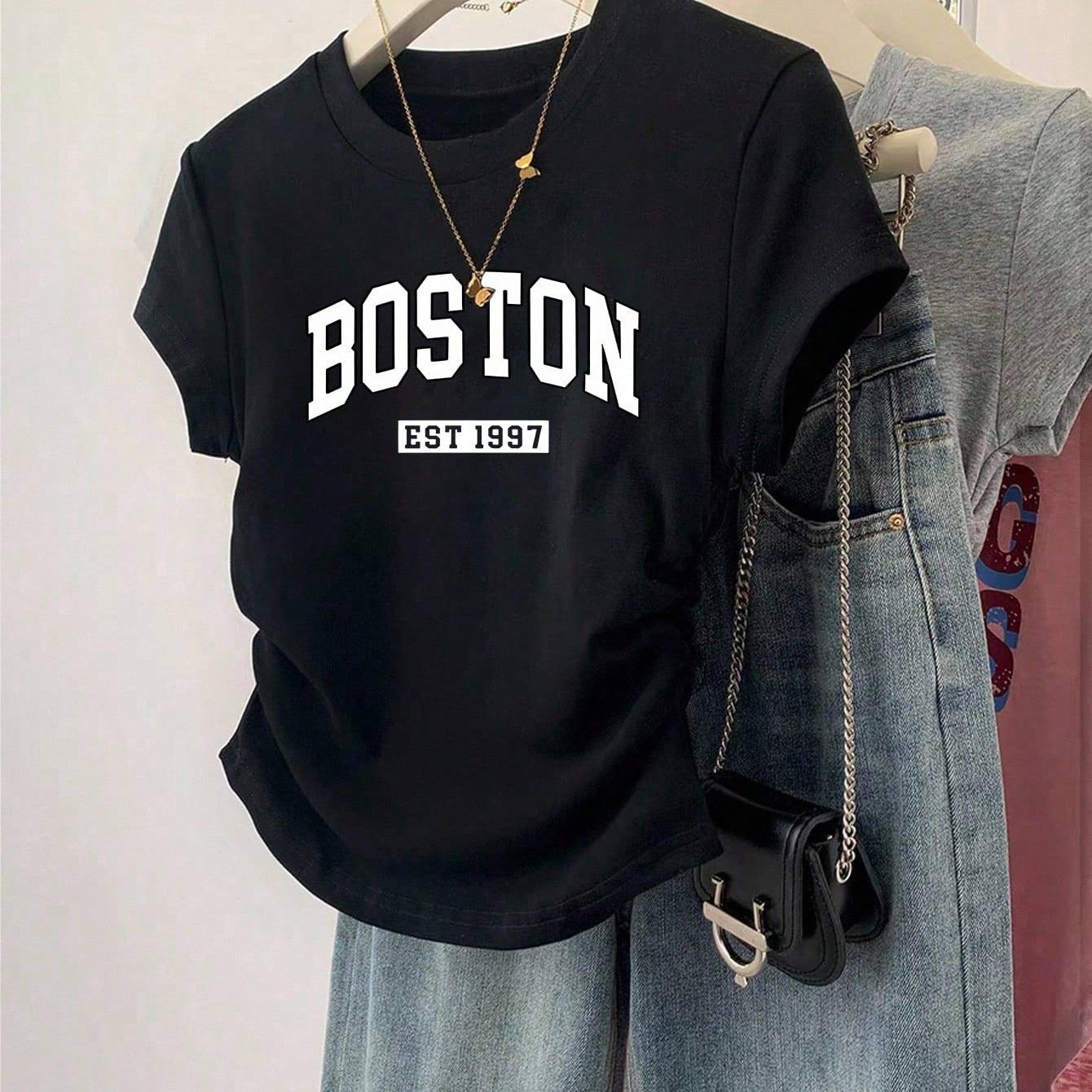 TEMU Boston Letter Print Cropped T-shirt, New Summer Women's Round Neck Slim -cinching Ruched Design Short Sleeve, Niche Curved Hem Hot Versatile