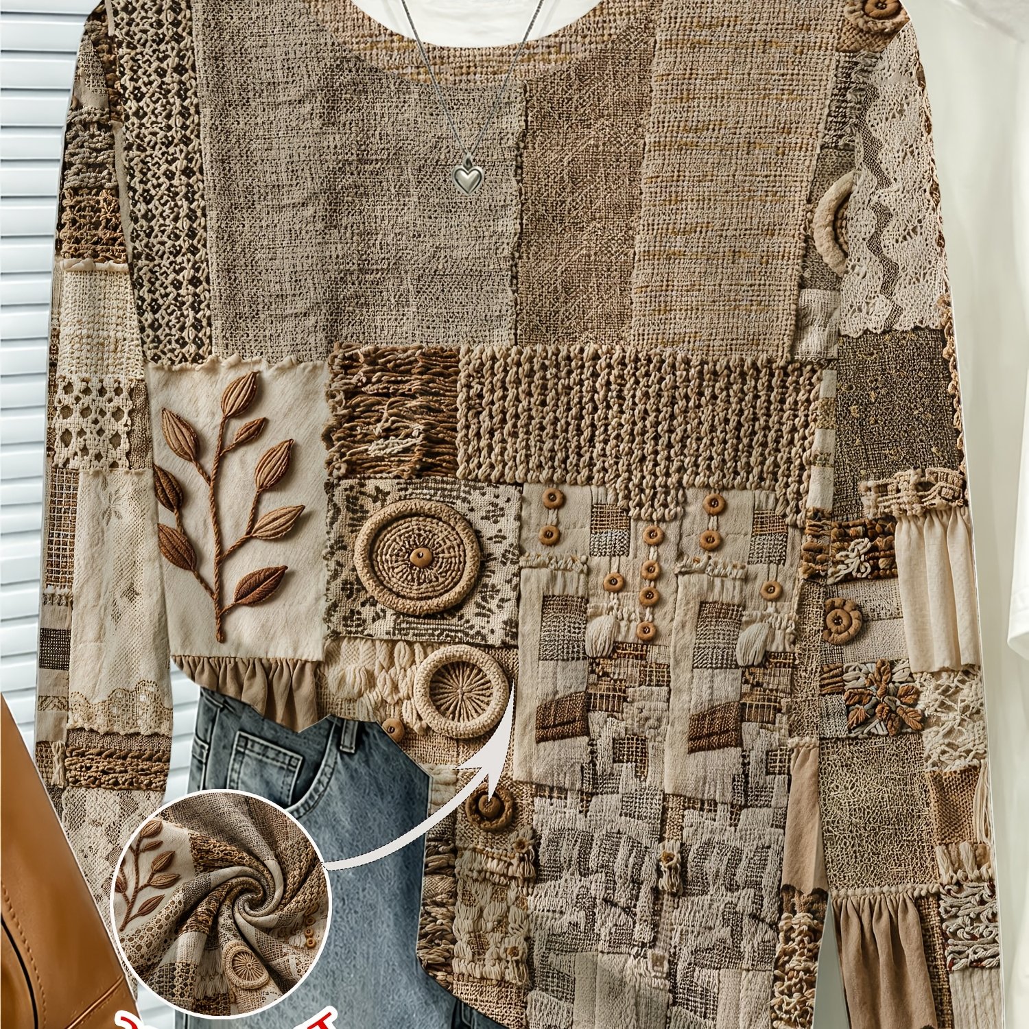 TEMU Nieuwe Herfst/Wintercollectie 2026, Top met Lange Mouwen in Aardetinten met Stofachtige Patchworkprint in Vintage-Stijl, Comfortabel 2D