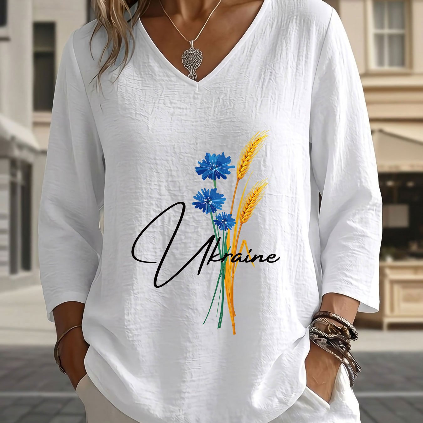 TEMU Women's Ukrainian Print - V-neck Three-quarter Sleeve Loose With & Wheat Spike, Machine Washable Spring Summer Fall Suitable For Casual Casual