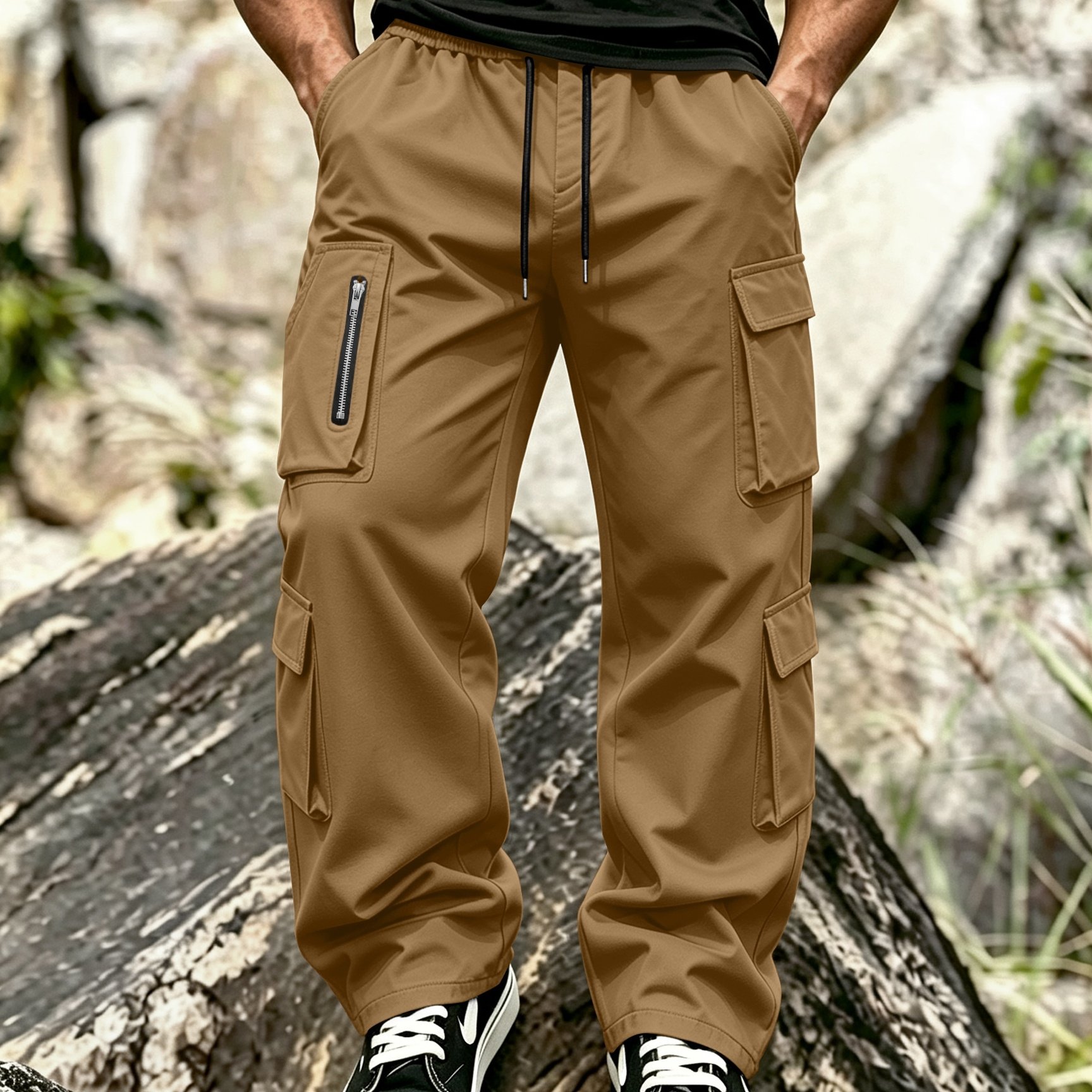 TEMU Men's Fashion Cargo Pants | - Multi- With Zipper Embellishment, Comfortable And Skin-friendly, Lightweight And Breathable, Fashionable And