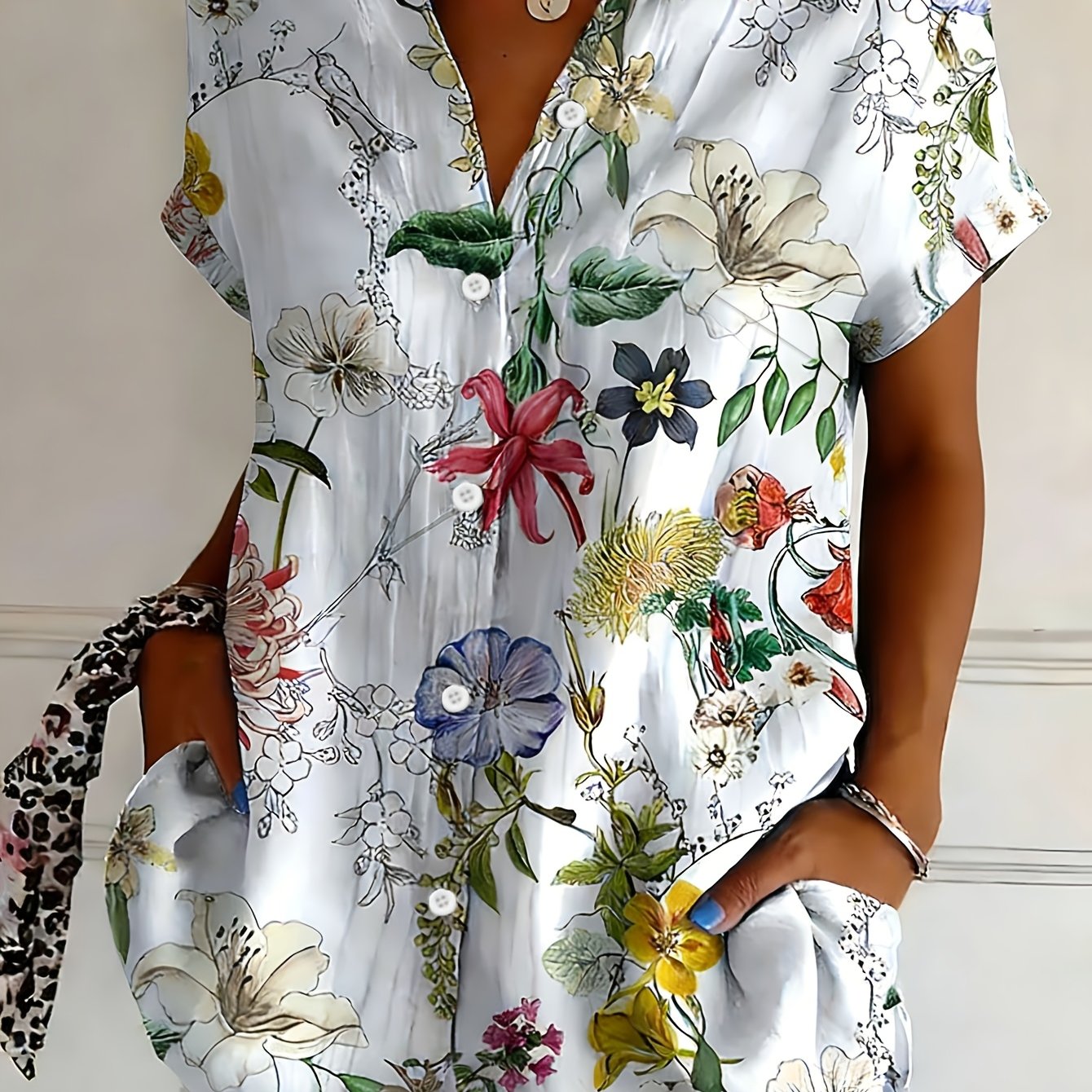 E-shop Plus Size - Lässige Retro-Blumenmuster Damenmode in großen Größen - Kurzarmhemd mit Knopfleiste und offener Vorderseite