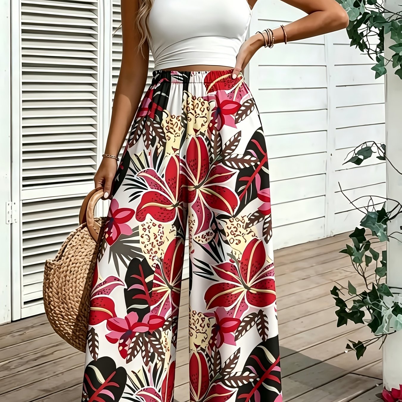 Image of Women's Summer Leopard Mixed Print Wide Leg Palazzo Pants, Elastic Waist Loose Flow Palazzo Trousers, Soft Breathable Slightly Stretchy Pants For , & Beach Trip