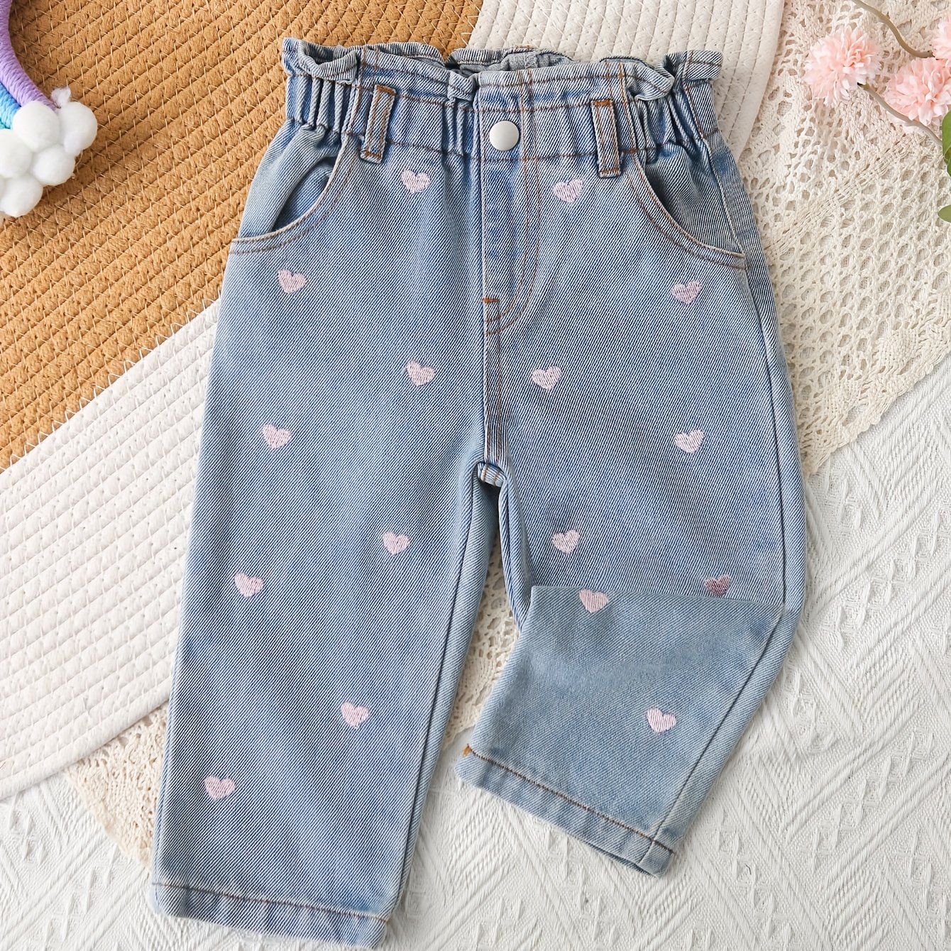Image of New Children's Baby Girl Children's Comfortable Casual Fashion Puff-waist Design Embroidery Light-colored Washed Denim Jeans, Elastic Waistband, , Fabric, Machine Washable