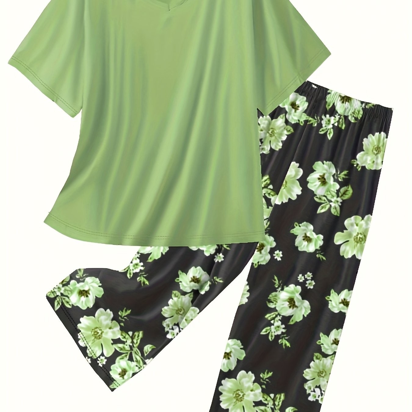 E-shop Damen-Freizeit-Set für den Sommer in Übergröße, lockere Passform, Caprihosen mit Kurzarm Blumendruck, Loungewear