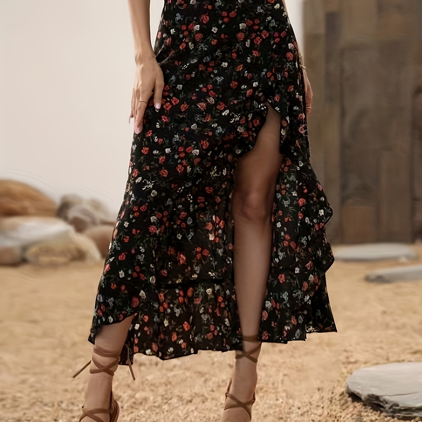 TEMU Women's Elegant Floral Ruffle Asymmetrical Hem Midi Skirt, 100% Polyester High-waisted Black Floral Bohemian Style, Side Split Regular Fit For Spring/summer Casual