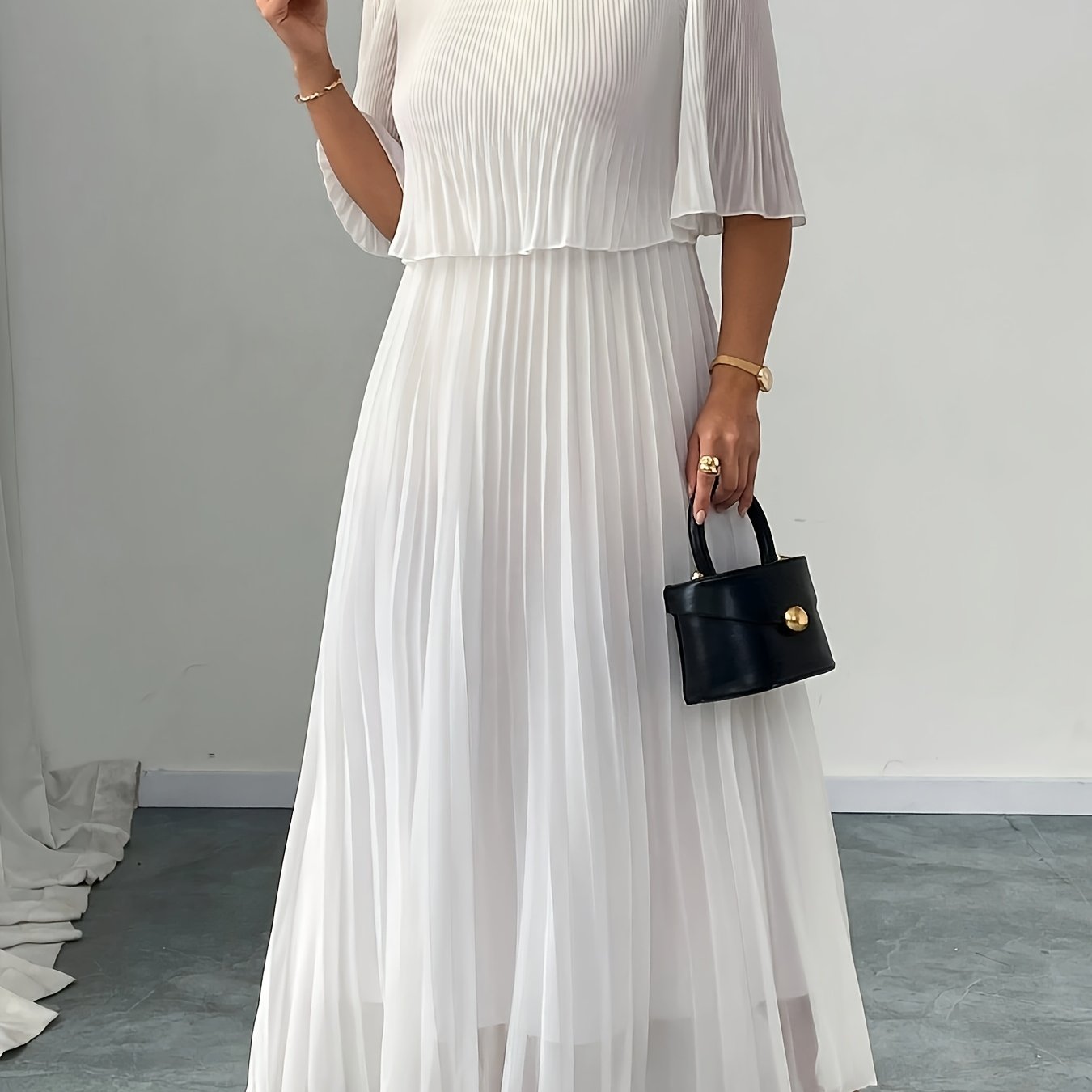 E-shop Damens Elegantes Chiffon A-Linien-Kleid mit Plisseedetail - Halbtransparentes Rundhals Langarm Bodenlang Leichtes Kleid für Frühling/Sommer,
