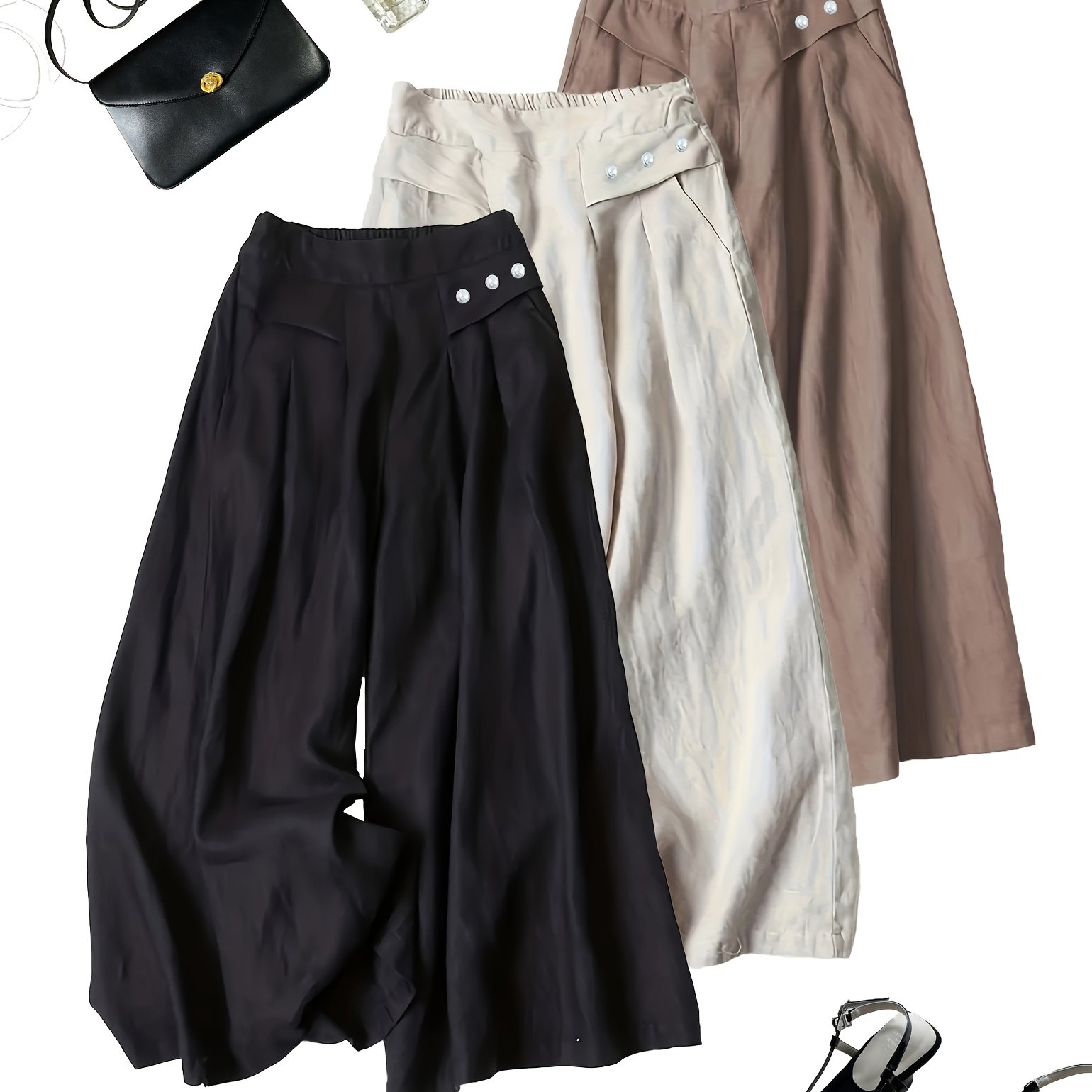 Image of Three-piece Fashion Wide-leg Pants Women's Trousers Casual Comfortable Loose Flared Pants Elegant Fashion Retro Nine-point Belt Diamond Design With Pocket