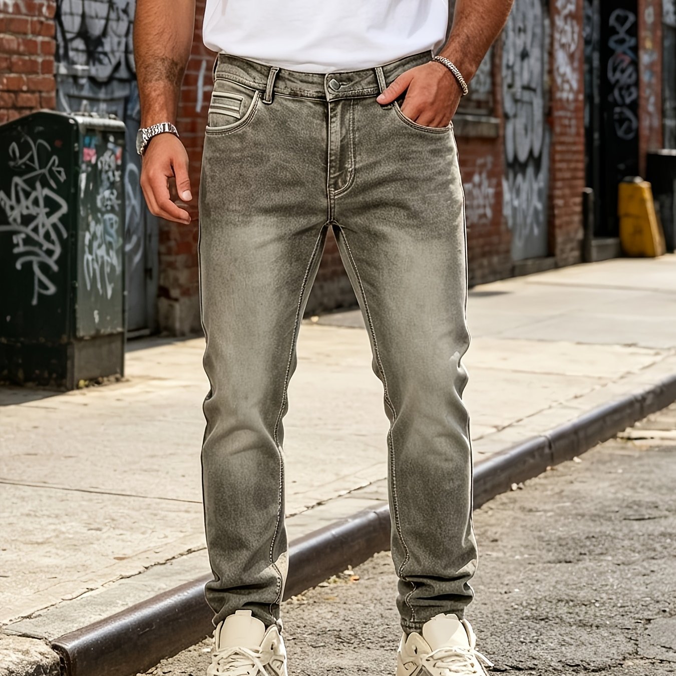 Image of Hme, Men's Gradient Washed Slim Tapered Jeans, Worn-in Faded Stretch Skinny Long Pants, Front Pocket With Decorative Stitching, Casual Denim Long Pants, Slimming And Versatile Trendy Dad Jeans, In