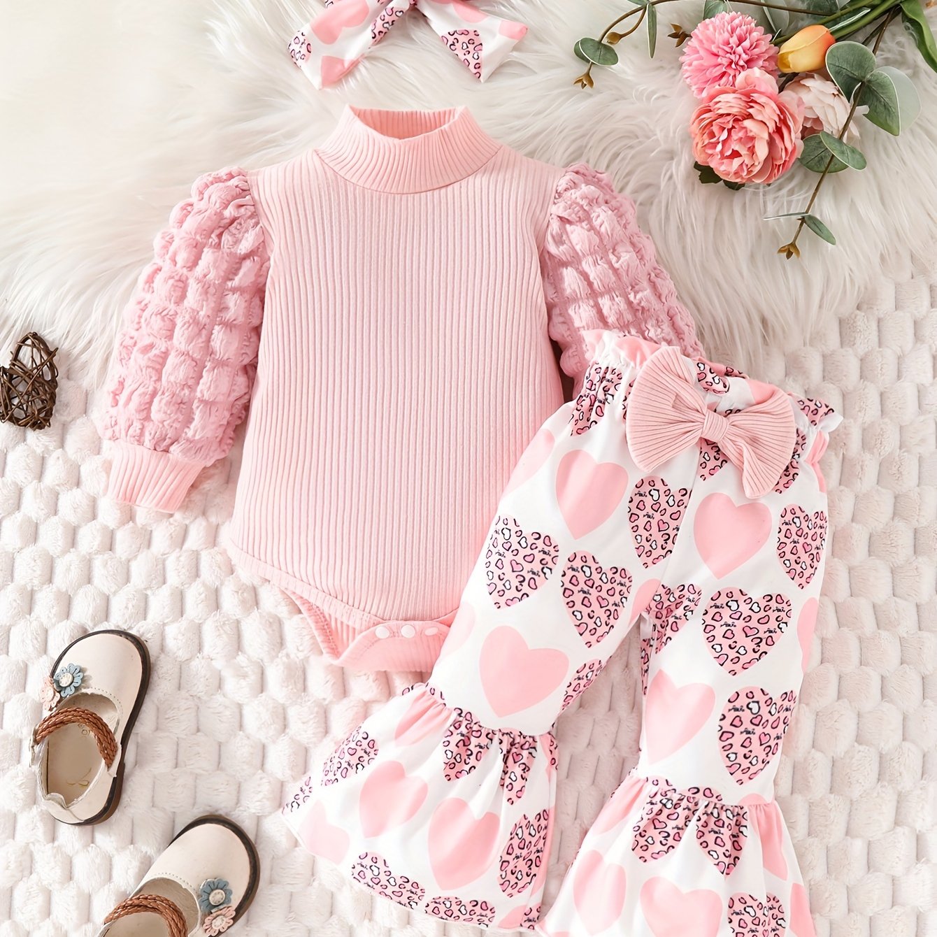 Bubble Long-sleeved Romper + Flared Trousers + Headscarf Three-piece Set, For Outdoor