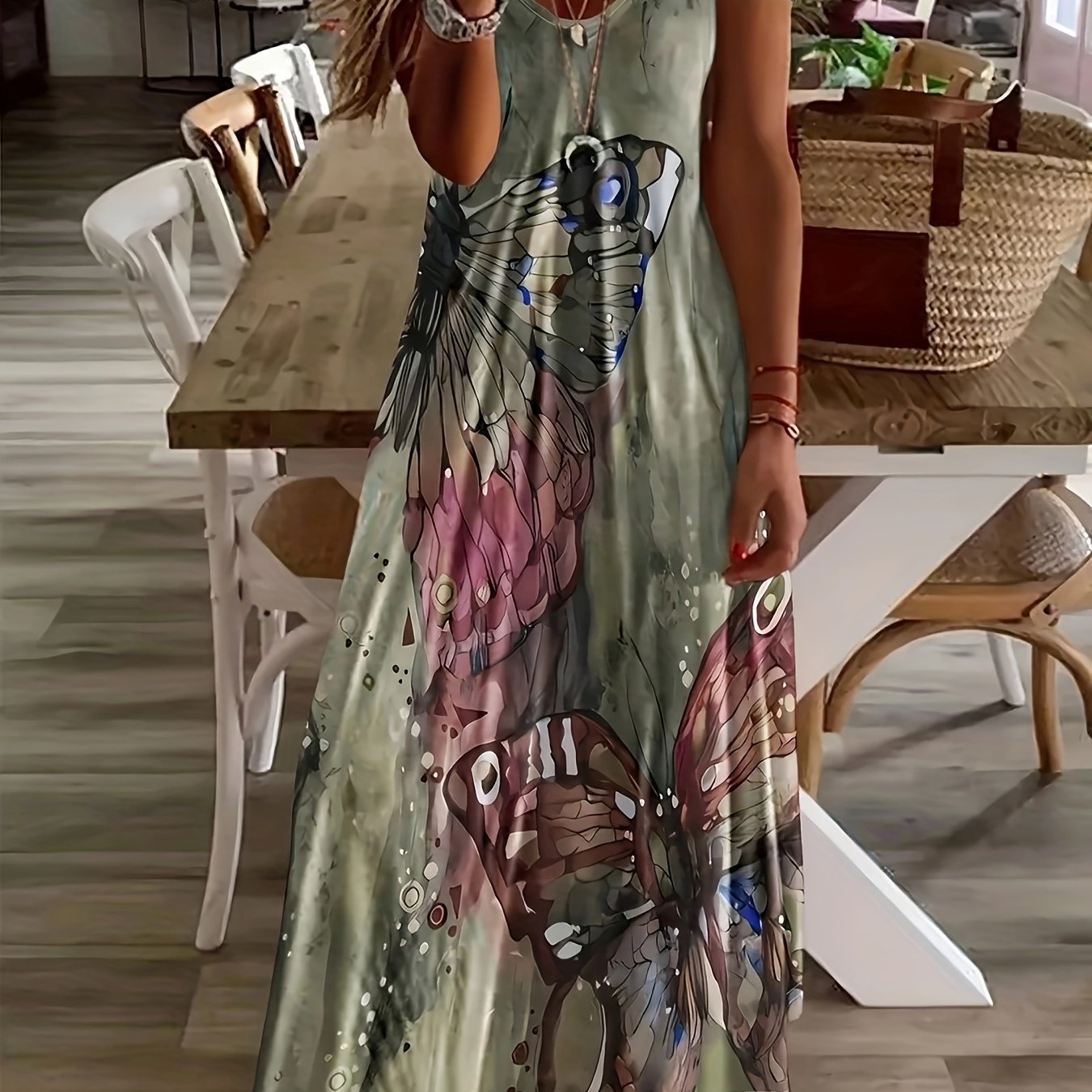 Image of 1pc Elegant V-neck Sleeveless Summer Dress For Women, Print Maxi Dress, Fabric Pendulum Style Floral V-neck Short Sleeve Maxi Dress Breathable Versatile Retro Print Trendy For