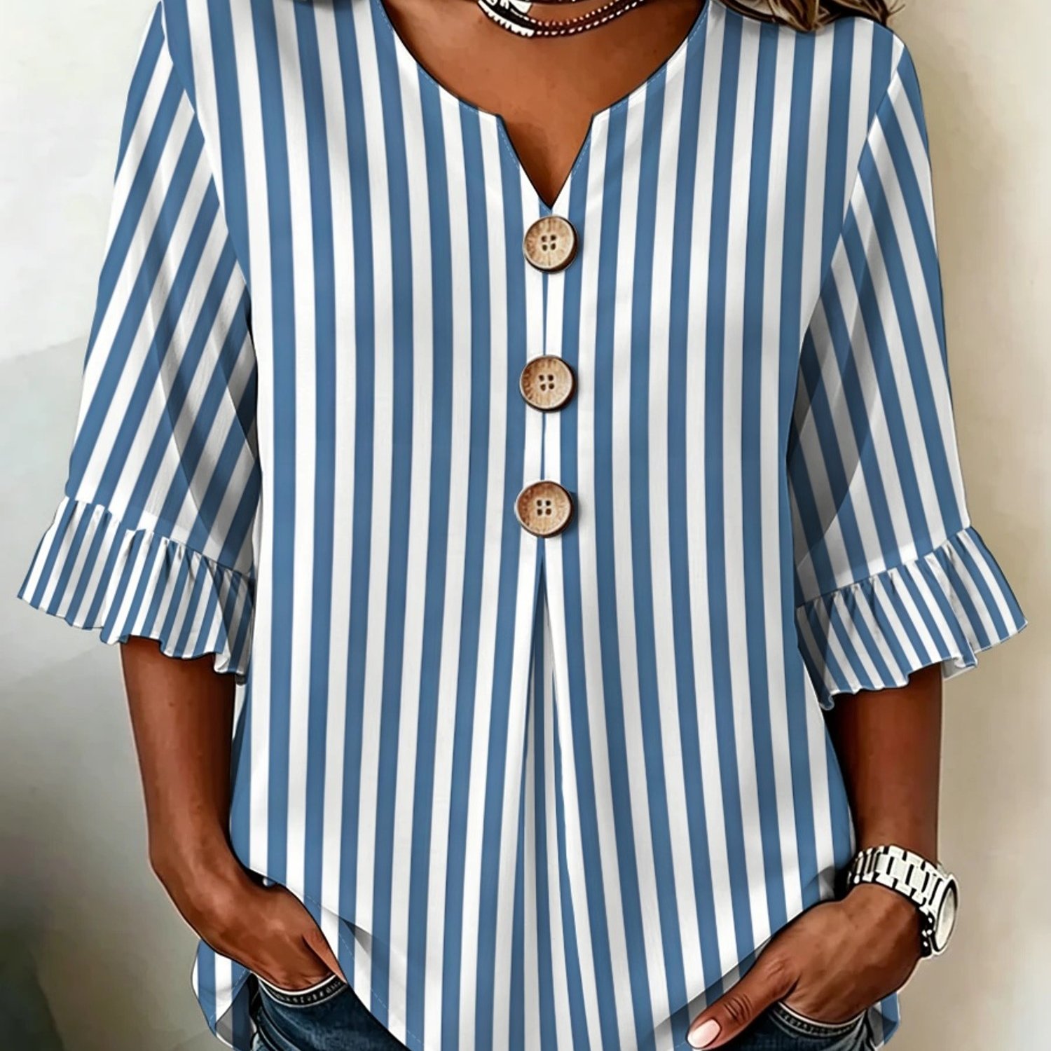 TEMU Plus Size, European And Size Women's Striped Ruffle Sleeve V-neck Shirt, Fashionable Design, , Suitable For Daily Wear, Work, And Dates,