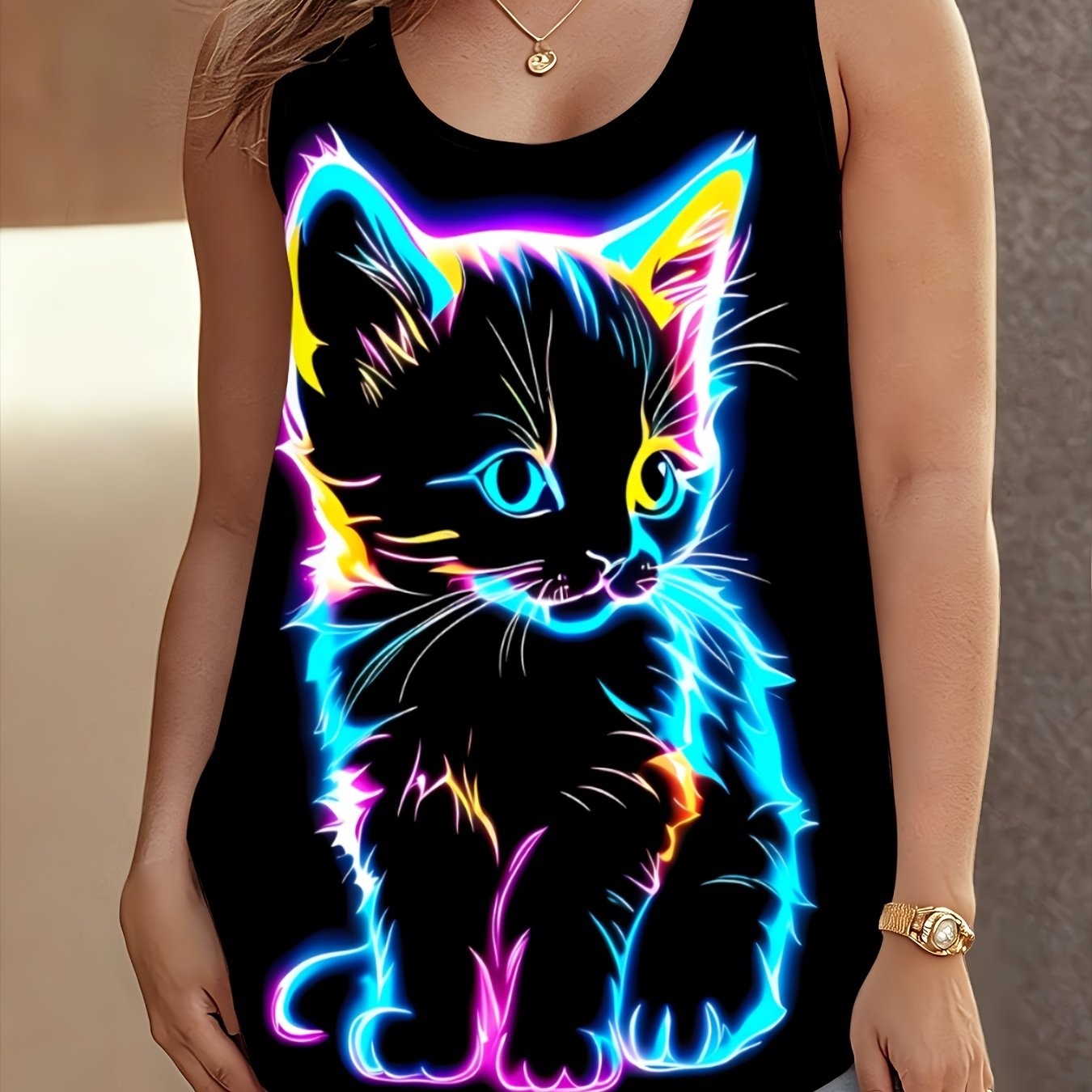 TEMU Women's Plus Size Round Neck Tank Top, Line Cartoon Kitten Trendy Print Sleeveless Vest Plus Size Loose Tummy Coverage Individual Street Thin