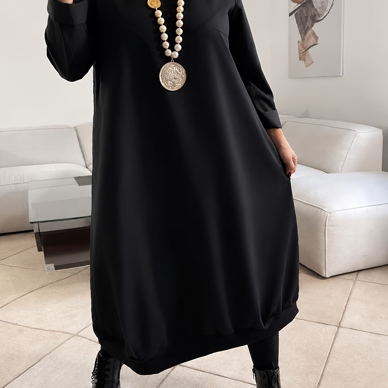 TEMU Plus Size Women's Black Straight Long Sleeve Dress, Relaxed Easy Style, Soft And Breathable Fabric Loose Mid-length Sweat Dress, Spring/autumn