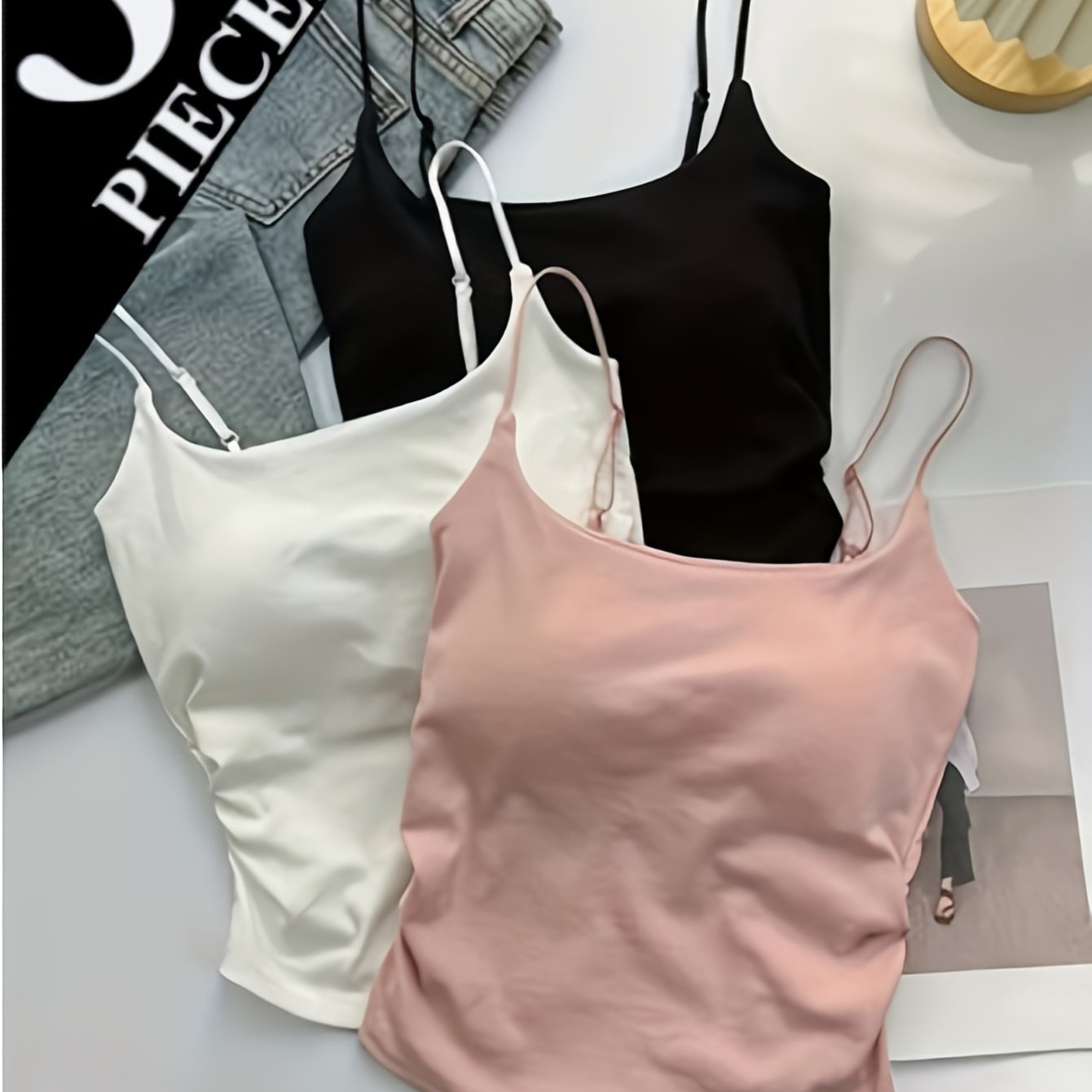 TEMU 3pcs Women's Sleeveless Cami Tank Top Set - Elegant Ruched Design, Built-in Padding, , Solid Colors (white, Black, Pink) Spring Summer Layering