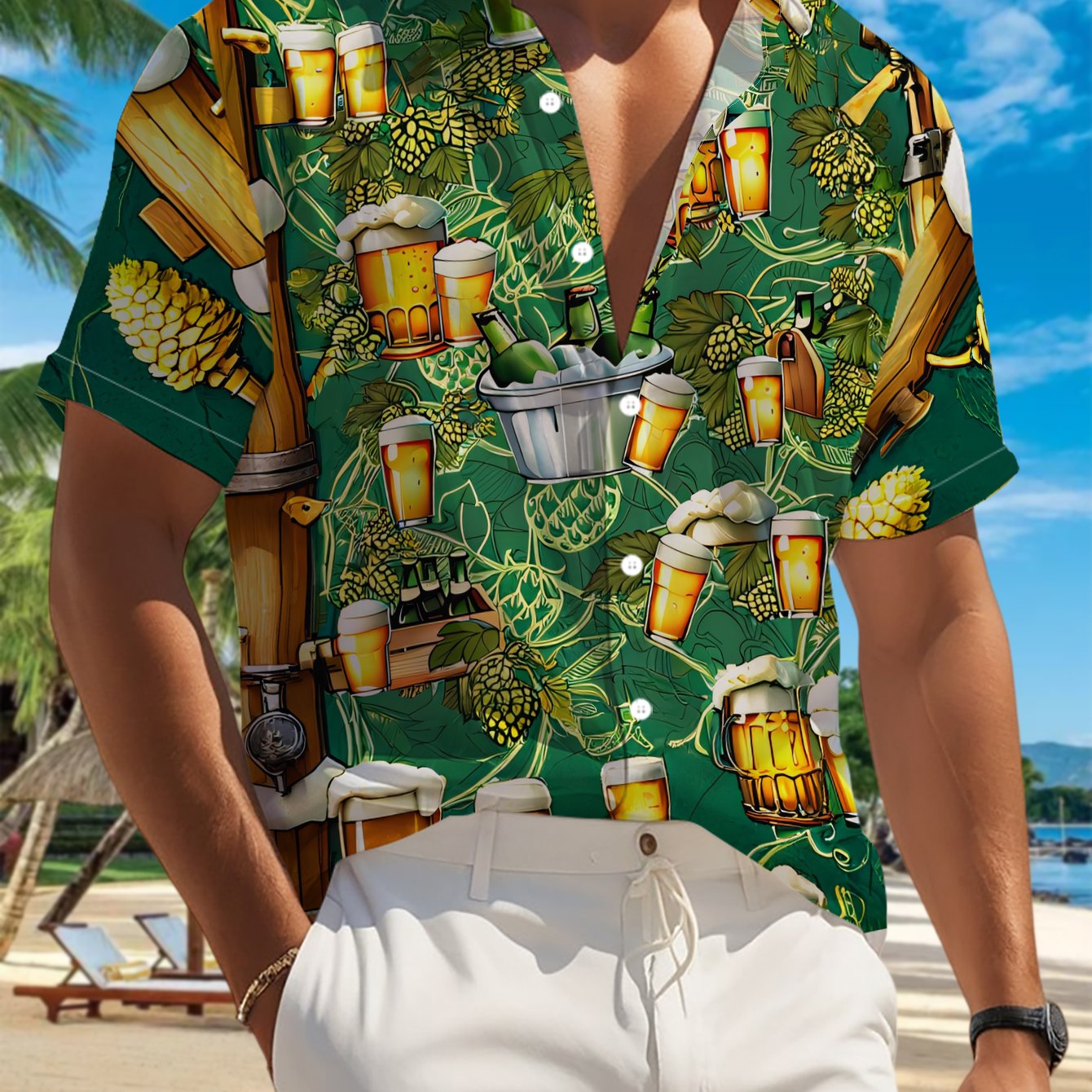 TEMU 's Casual Short Sleeve Shirt, Full Of Beer Mugs And Barrels In A Fun Forest, Festive Gathering All-match, Fabric Machine Washable, Button-up