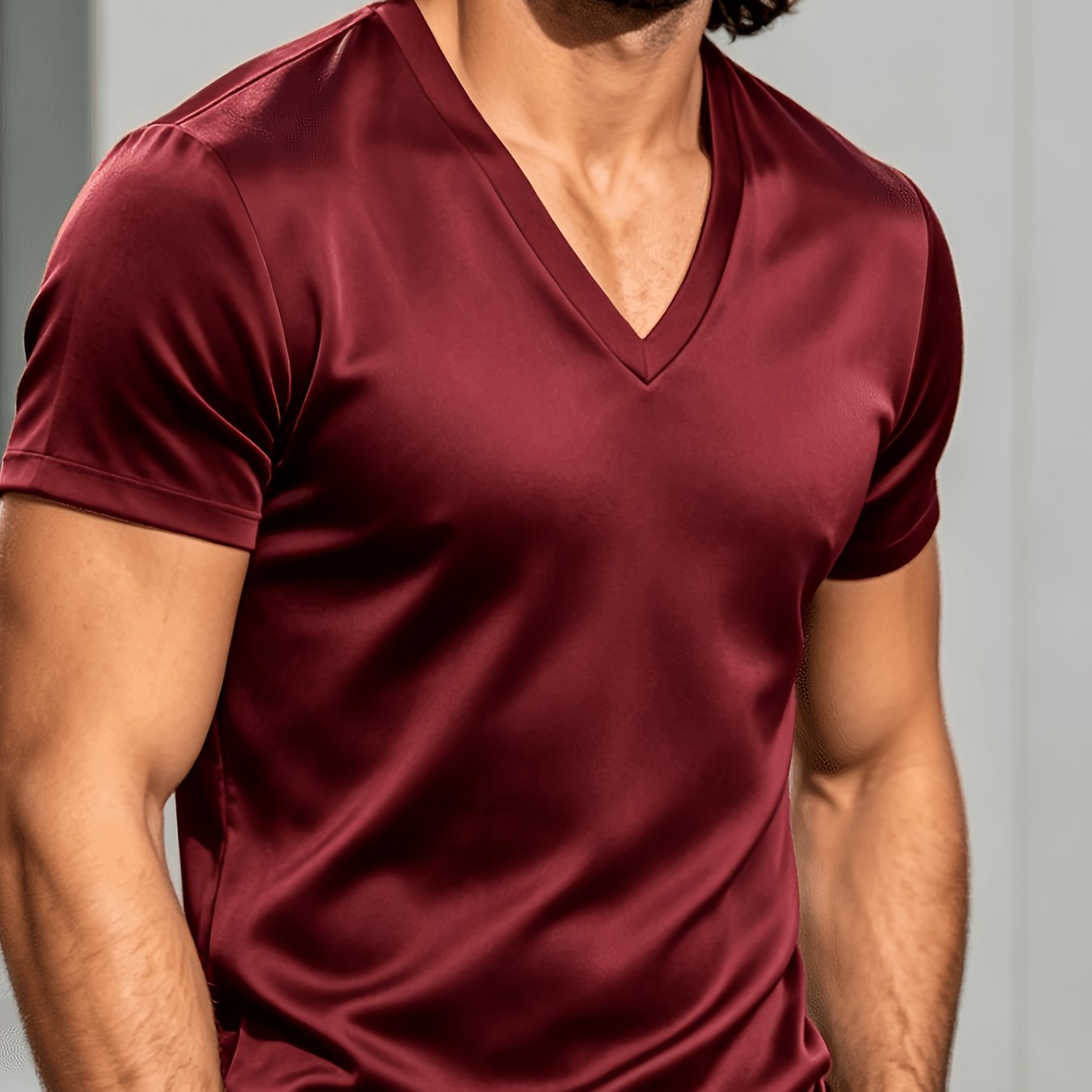 TEMU European And Solid Color Men's V-neck T-shirt, Elegant For Dinner Parties And Commuting, Versatile Short-sleeve Top, Plus Size