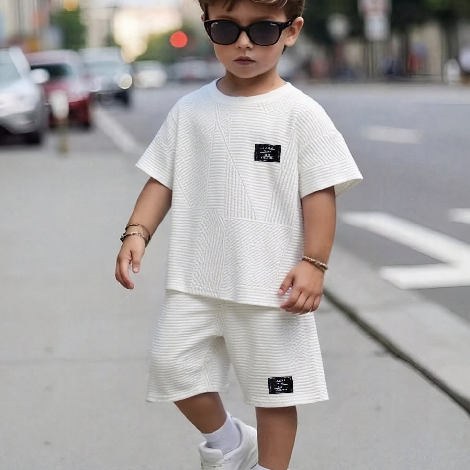 Image of Dxth002 Summer Boys' Fashion Shorts Set Jacquard Craft Classic Wear 1979 Letter Kids Cute Short Sleeve T-shirt Shorts Casual Outfit, For Outdoor