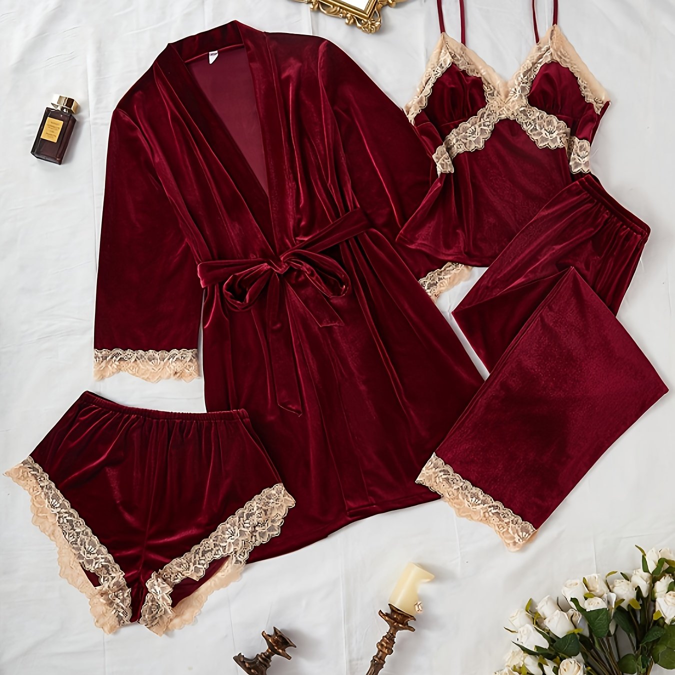 TEMU 4pcs Velvet Robe Set | Elegant V-neck Robe With Contrast Lace Detail, Solid Color, Perfect For Adult