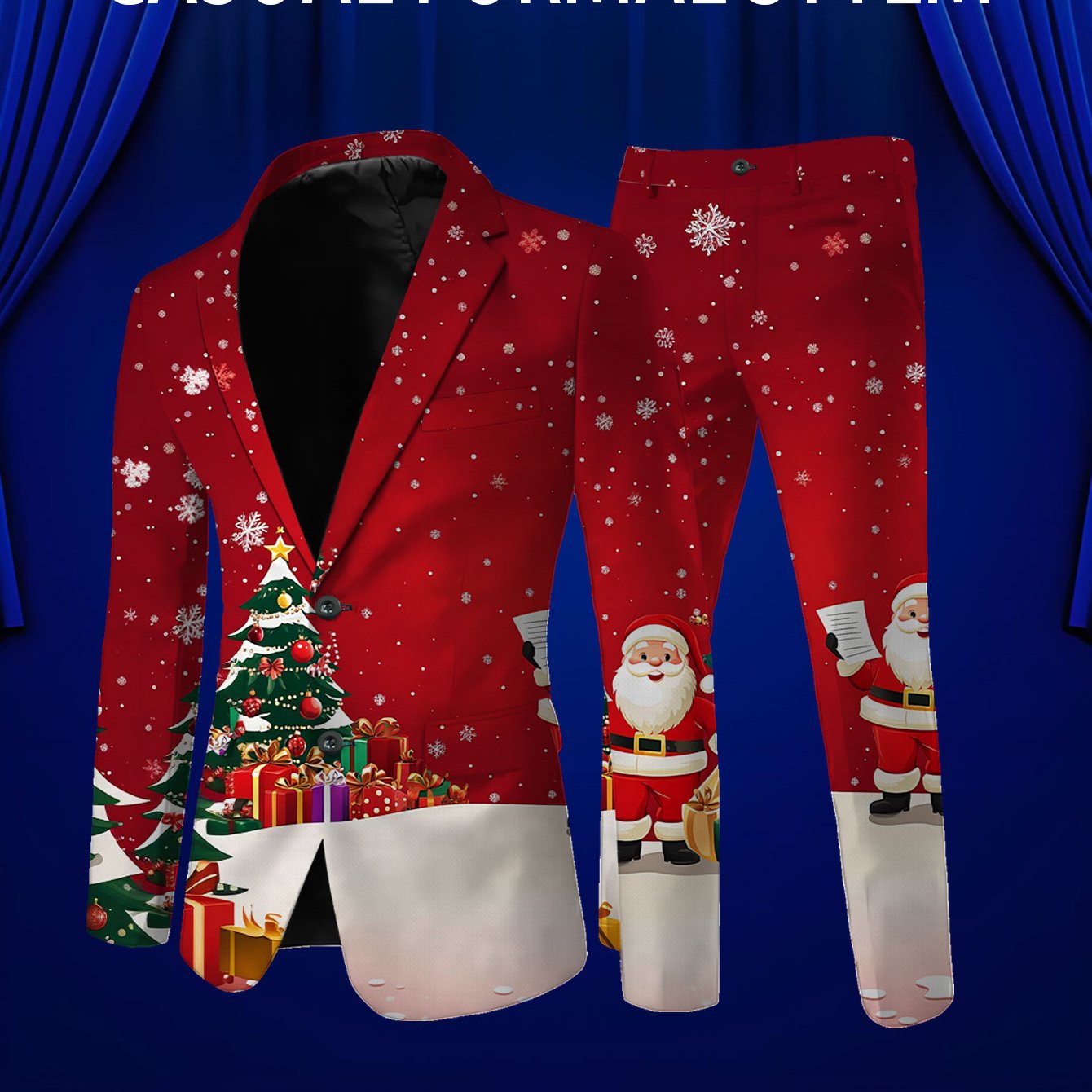 TEMU Suit And Trousers Set Men's Suit Christmas Tree Print Business Jacket And Pants 2pcs Set Men's Suit Classic Banquet Wedding Party Suit Santa