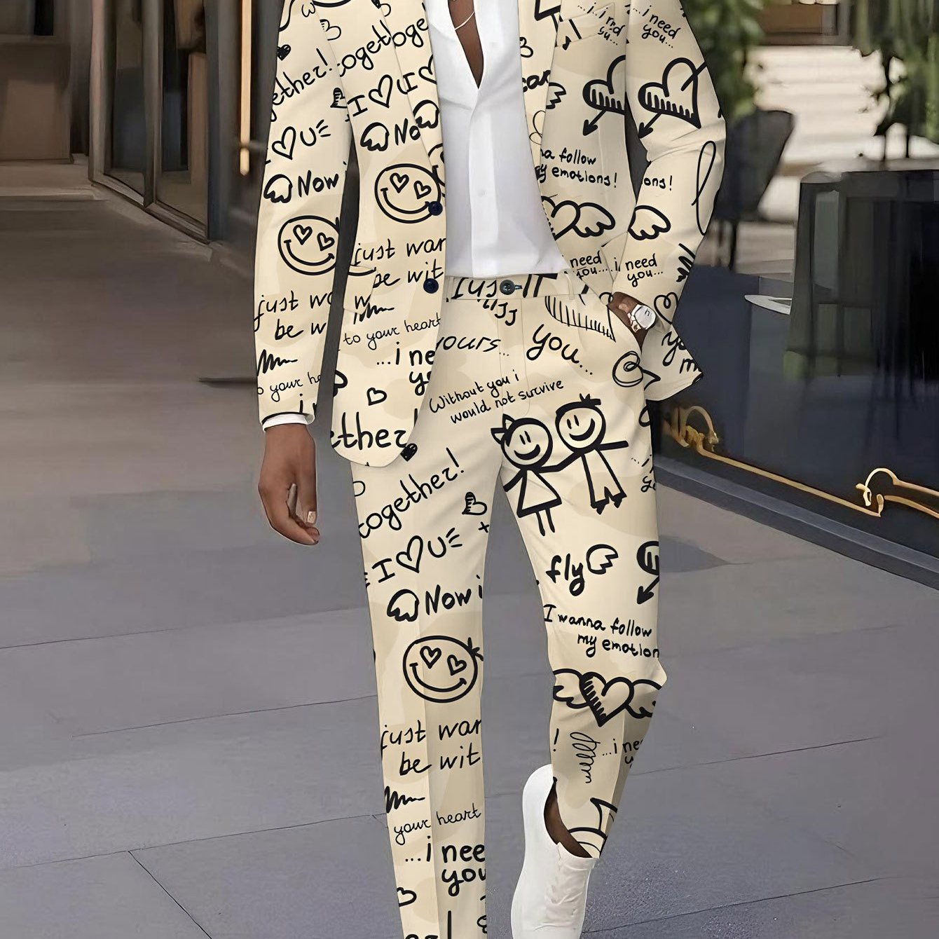 TEMU Men's Suit Set With , Featuring A Trendy Print Blazer And Pants Combination, Perfect For Classic Banquets, Weddings, And Parties, -themed